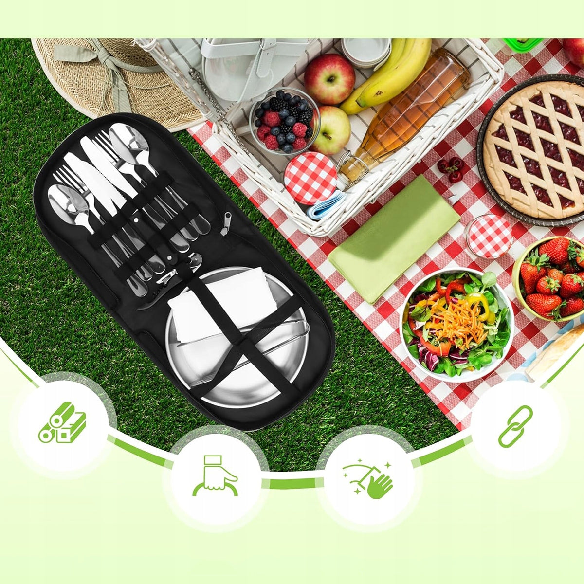 Picnic set hiking camping cutlery plates metal 2 os case Brand no brand