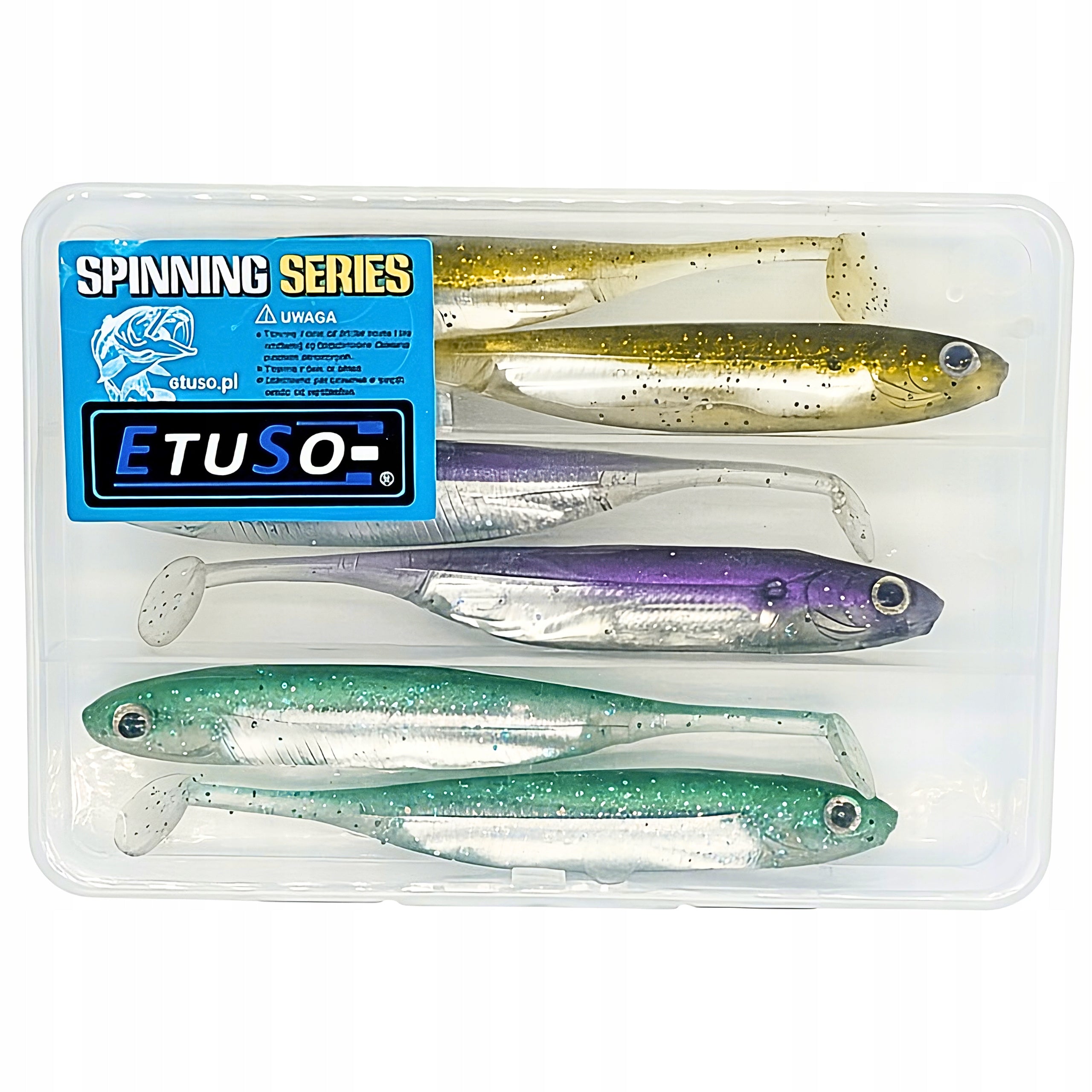 Pike Rubber ETUSO Jaguar 12cm + Jig Heads 6/0 Set of Lures 9pcs Manufacturer code Spinning-JAG-SH-120-B6-CL-W+JH3 Kopyto Gumowe