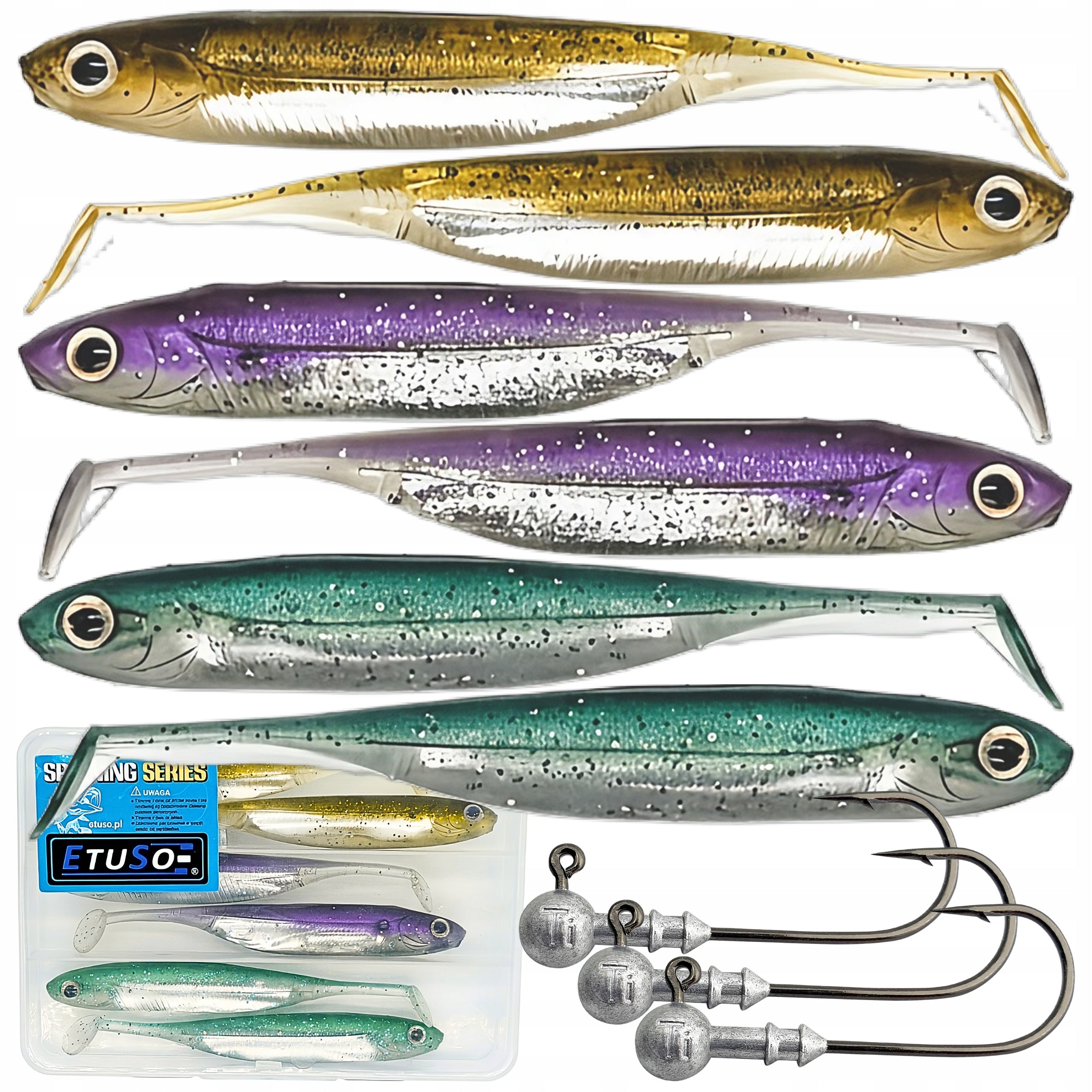 Pike Rubber ETUSO Jaguar 12cm + Jig Heads 6/0 Set of Lures 9pcs