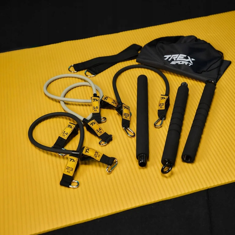 Pilates exercise bar stick 4x resistance rubber expanders + case Trex Sport Length 105 cm