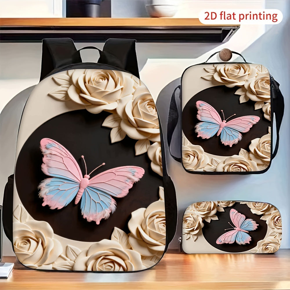Pink Butterfly Beige Rose Print 3-Piece Backpack Set with Pencil Case