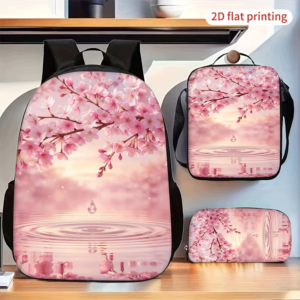 Pink Cherry Blossom Water Reflection Backpack Set Lunch Bag Pencil Case