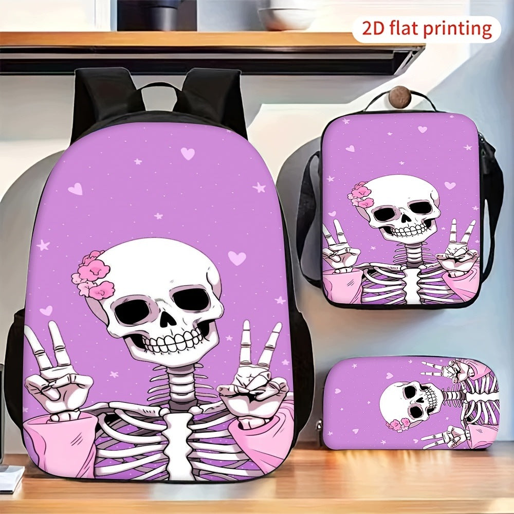Pink Flower Decorated Skull Backpack Crossbody Bag Pencil Case Set