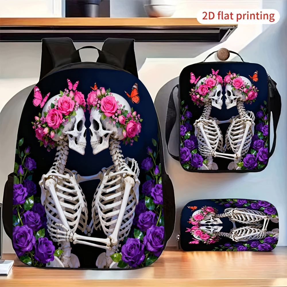 Pink Rose Purple Flower Butterfly Print Backpack Set with Crossbody Bag
