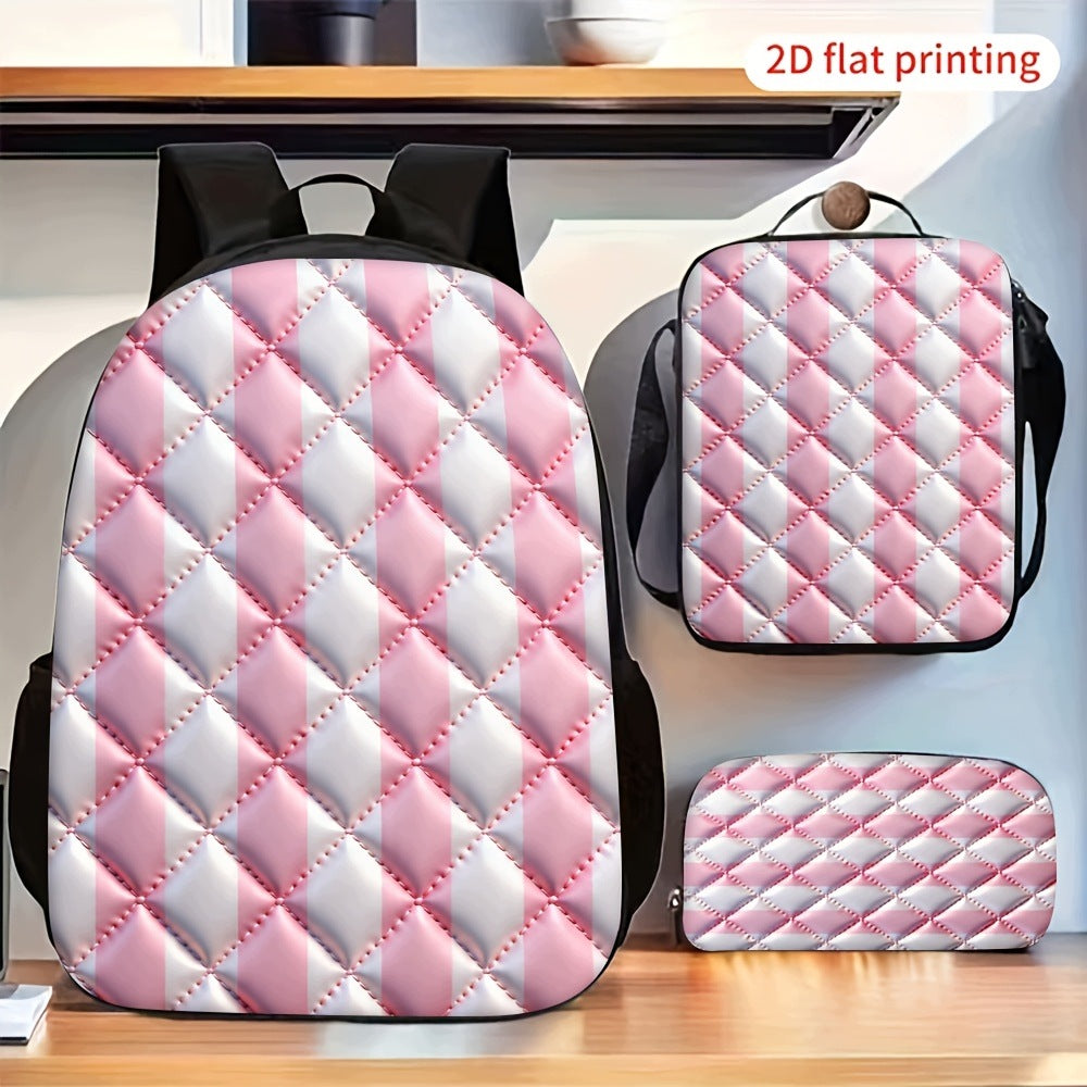 Pink White Checkered Diamond Pattern Backpack Set with Crossbody Bag and Storage Pouch