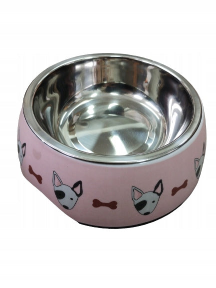 Pink dog bowl with pattern plus metal bowl 400ml