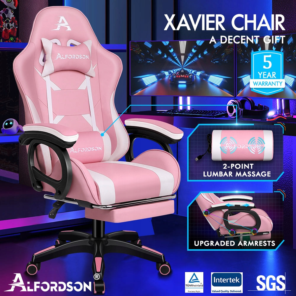 Pink office chair with massage function, armrests and footrest