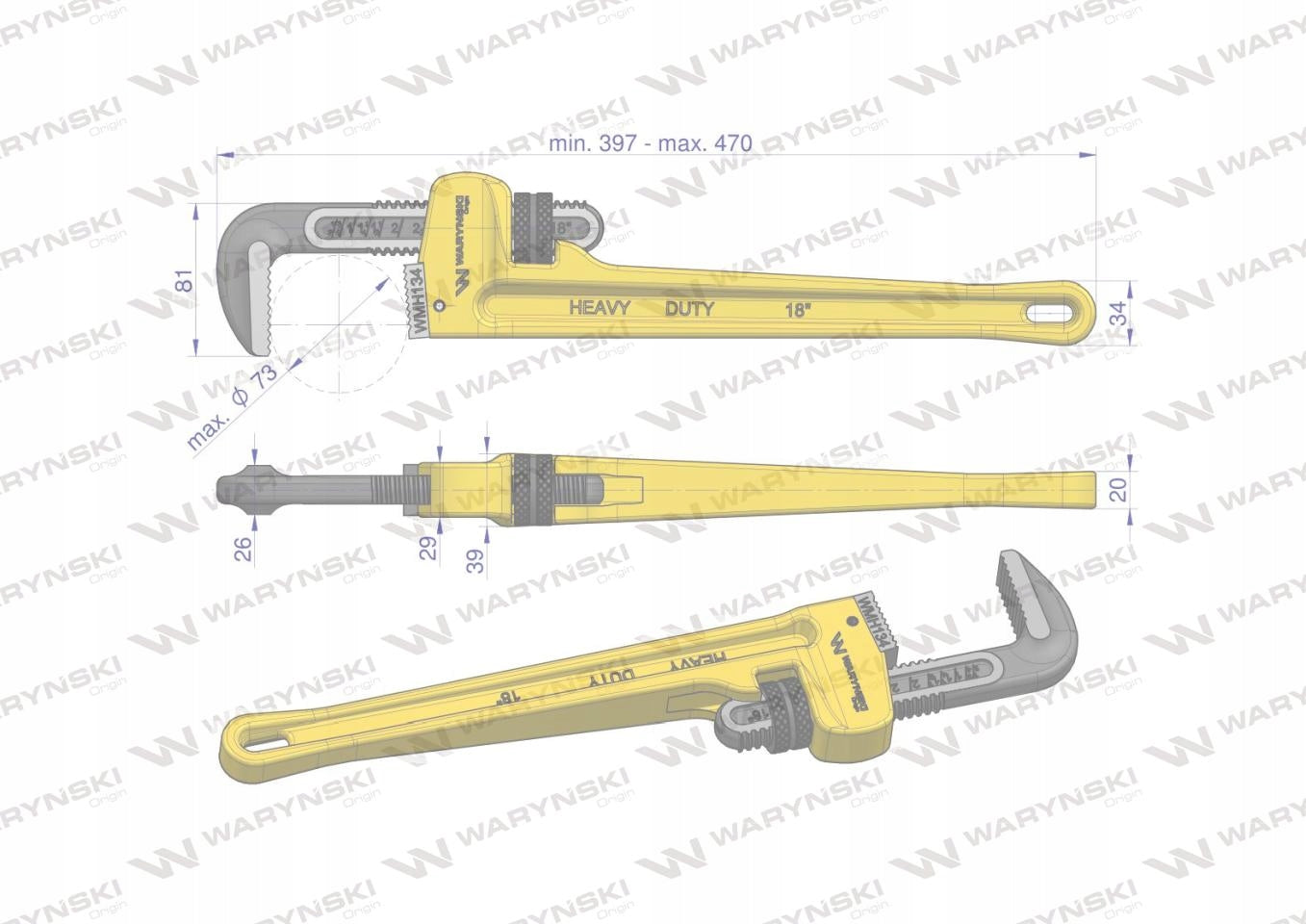Pipe wrench American type 18" max diameter 73 mm Waryński reinforced Key type tube