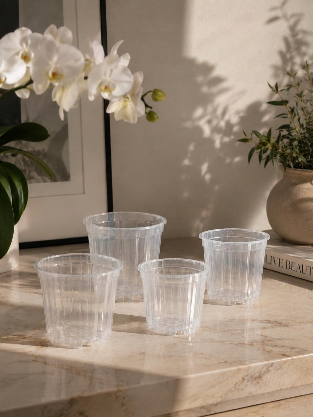 Plastic flower pot transparent production of flower orchids 0,7l 5pcs Product height 9 cm