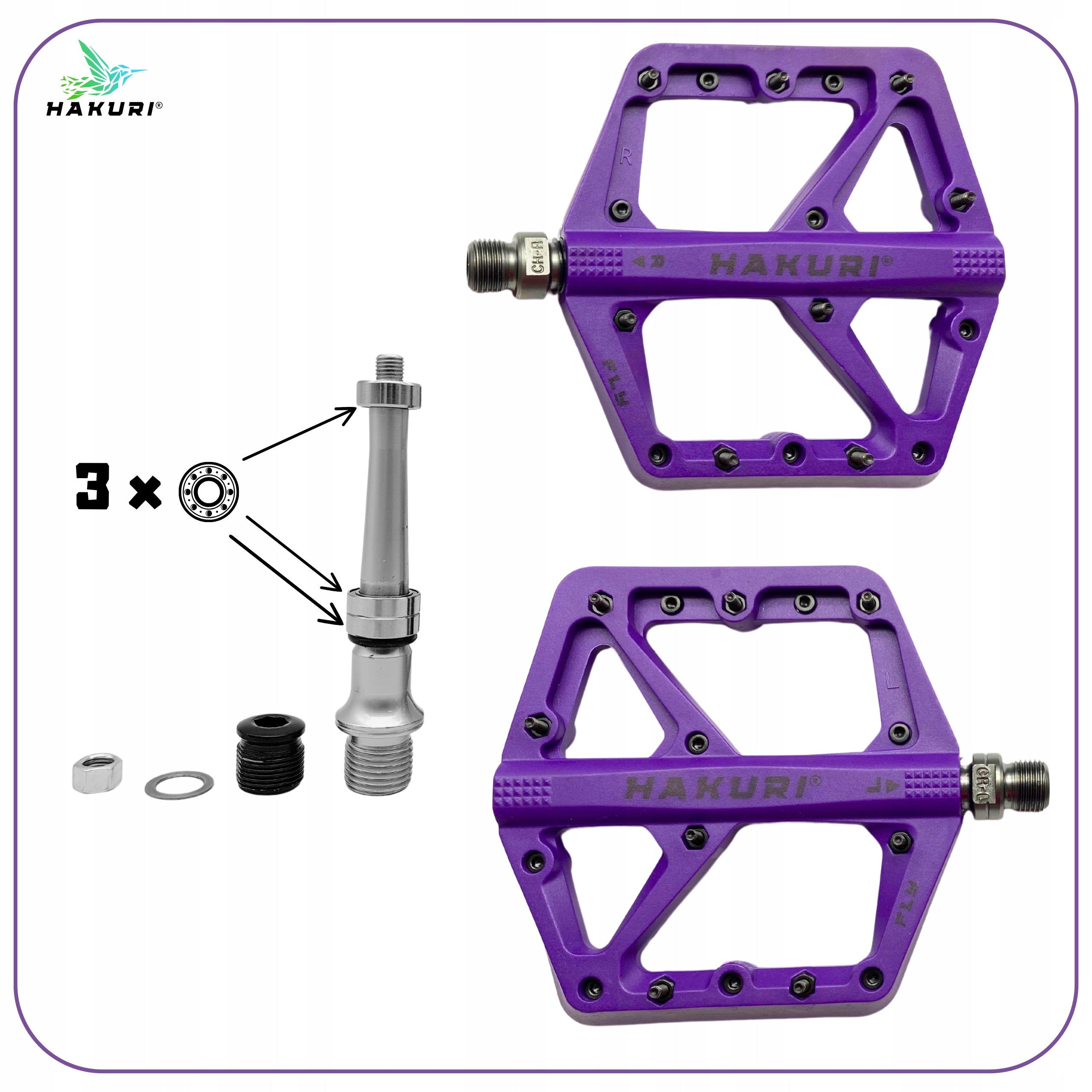 Platform Pedals Nylon Pedals Light Purple + MTB PINS 3 BEARINGS Model PEDAŁY PLATFORMOWE HAKURI FLY-RIDE PURPLE MTB