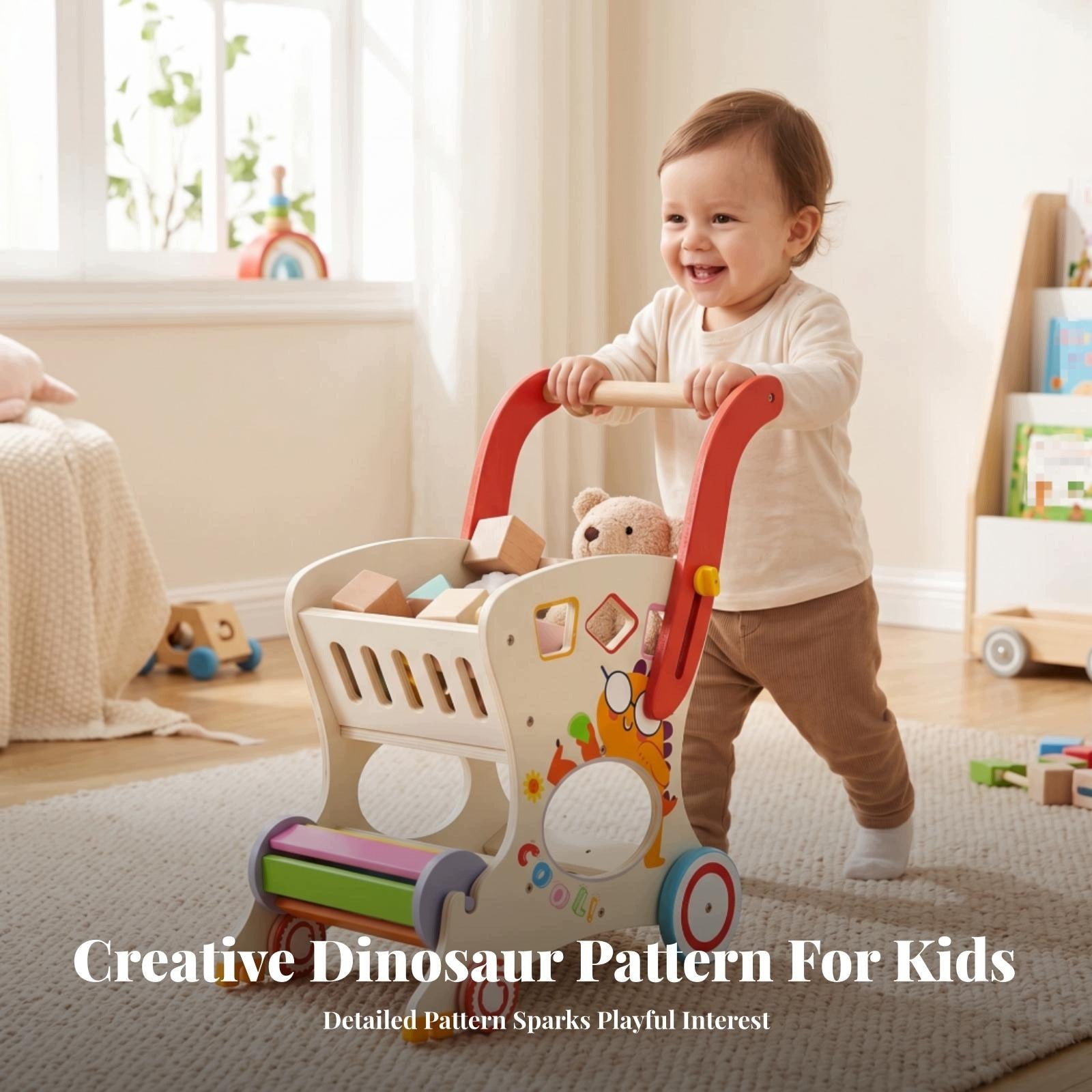 Playful Cartoon Print Pretend Play Wooden Infant Pusher Cart Brand no brand
