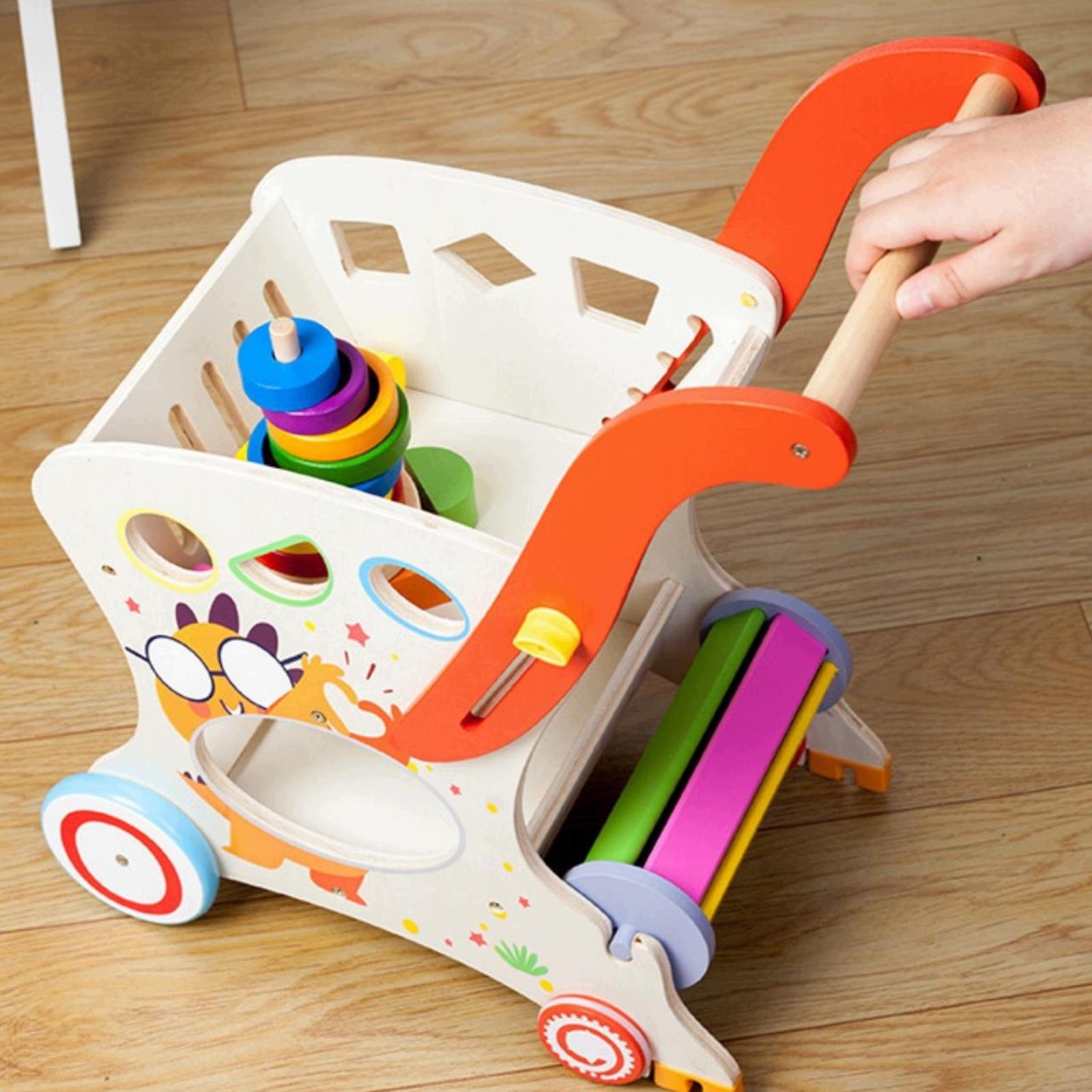 Playful Cartoon Print Pretend Play Wooden Infant Pusher Cart Packaging status original