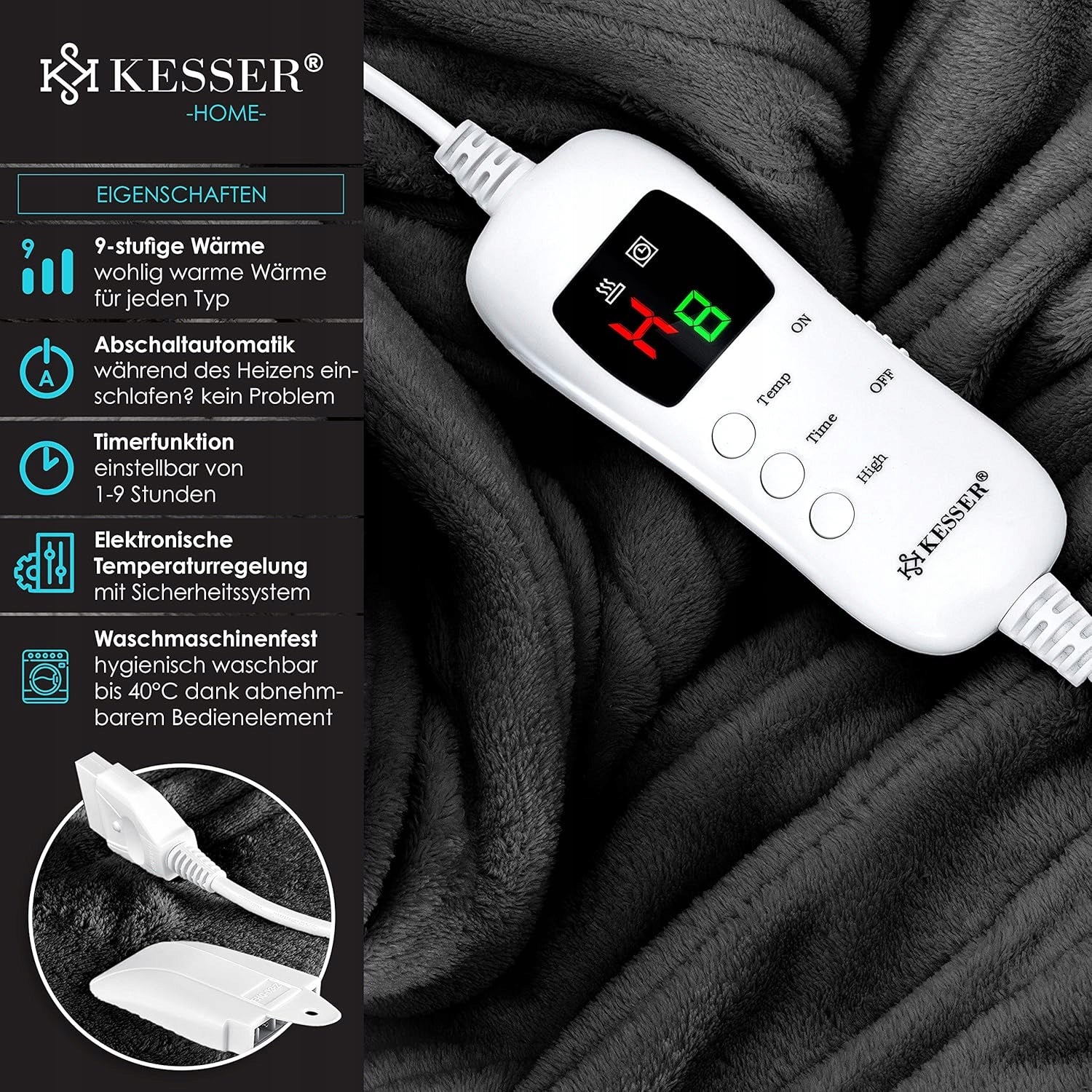 Plush electric blanket KESSER 200 x 180 cm anthracite Medical device no
