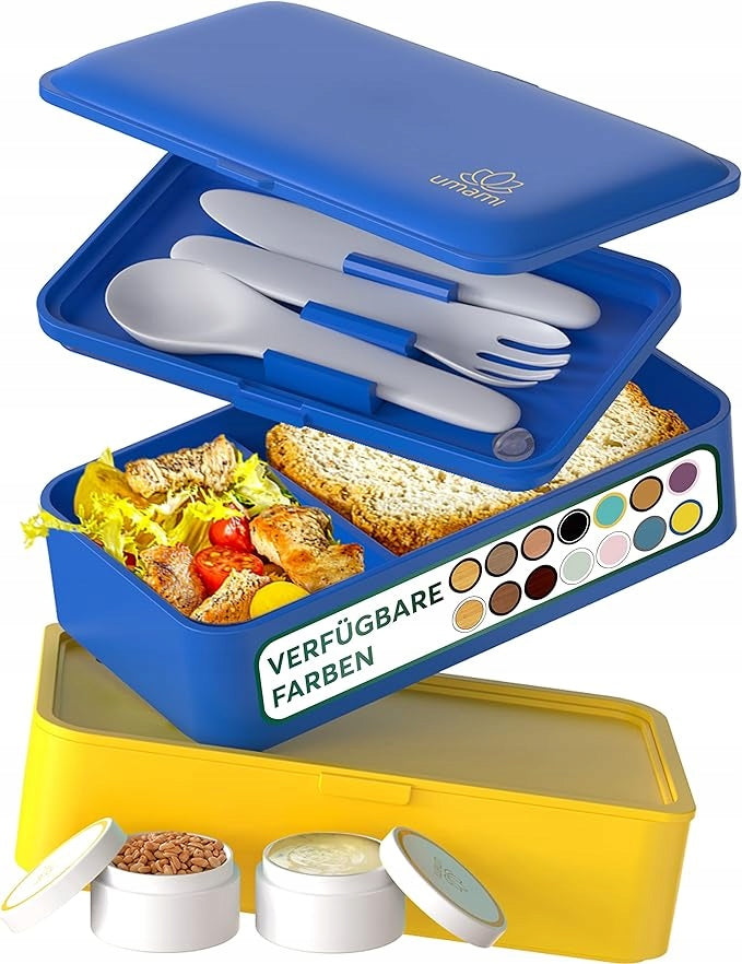 Umami priešpiečių dėžutė su stalo įrankiais, 1,2 l, mėlyna/geltona