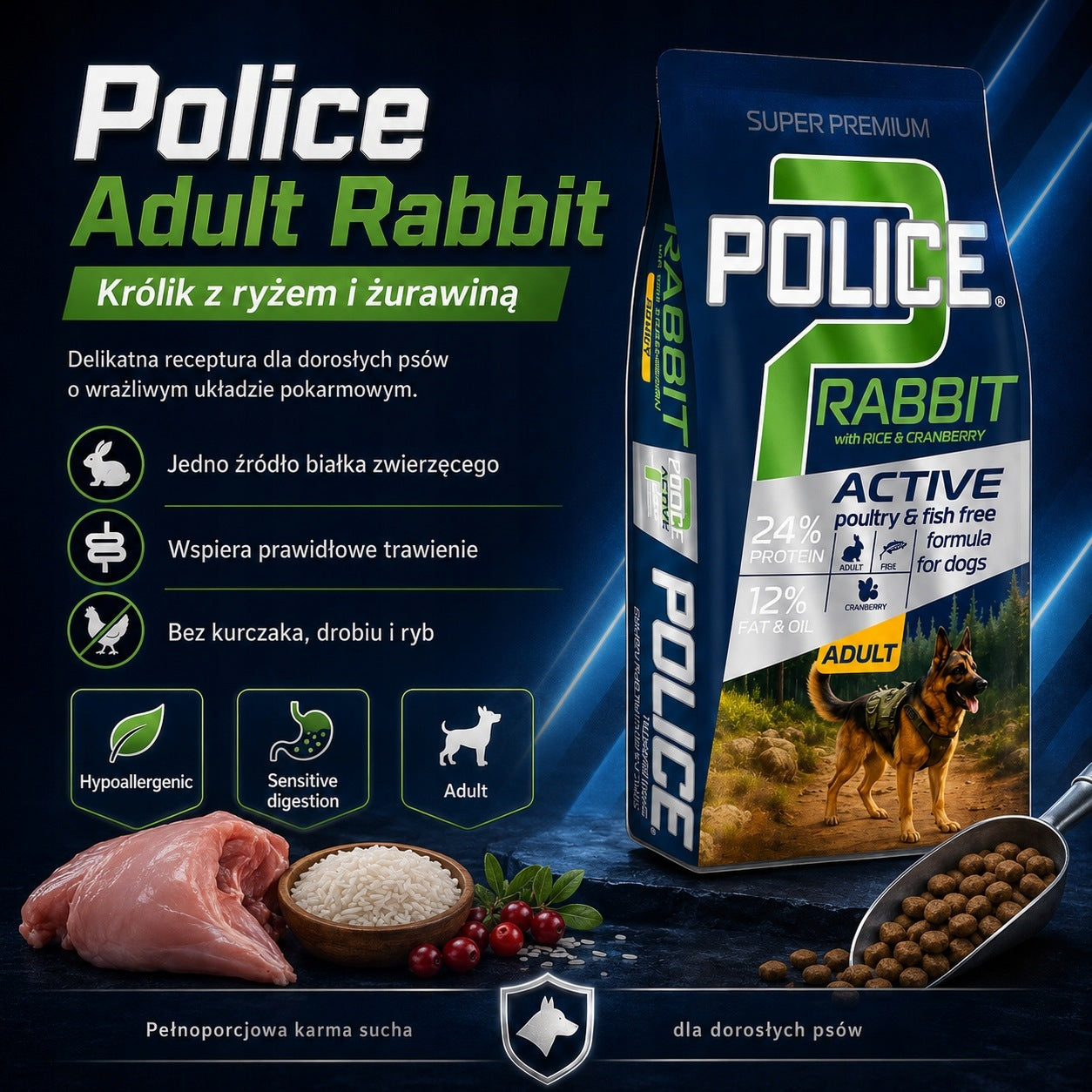 Police Rabbit Hypoallergenic Dry Food for Working Dogs 15kg + 1,5kg Packaging status original