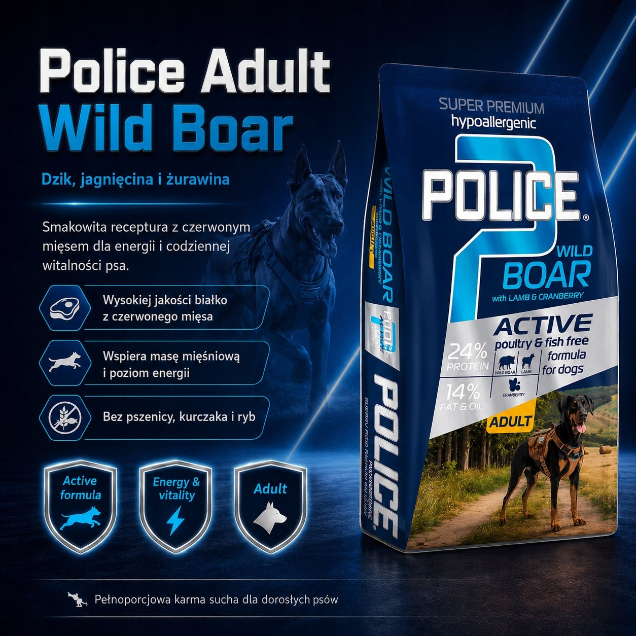 Police venison Hypoallergenic dry food for working dogs 15kg + 1,5 Brand Police