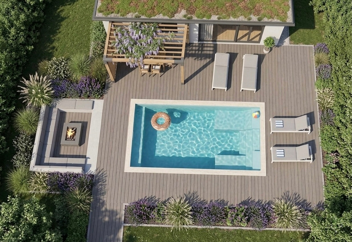 Polyester swimming pool MADERA Blue Way 5 x 2,5 x 1,5 m with digging couches Volume 18000 l