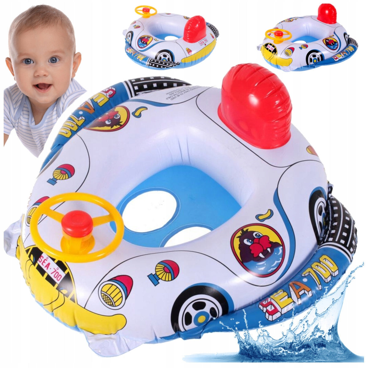 Pontoon with Steering Wheel For Baby Swimming Wheel 58x58cm Horn