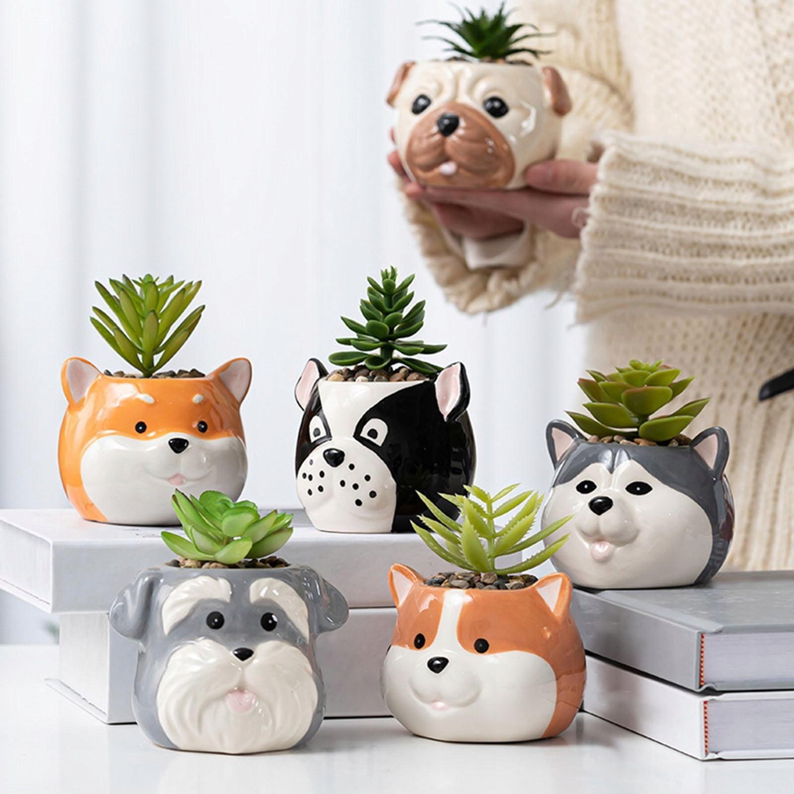 Porcelain Cartoon Dog Puppy Figurine Planter Flower Plant Pot Husky Packaging status original