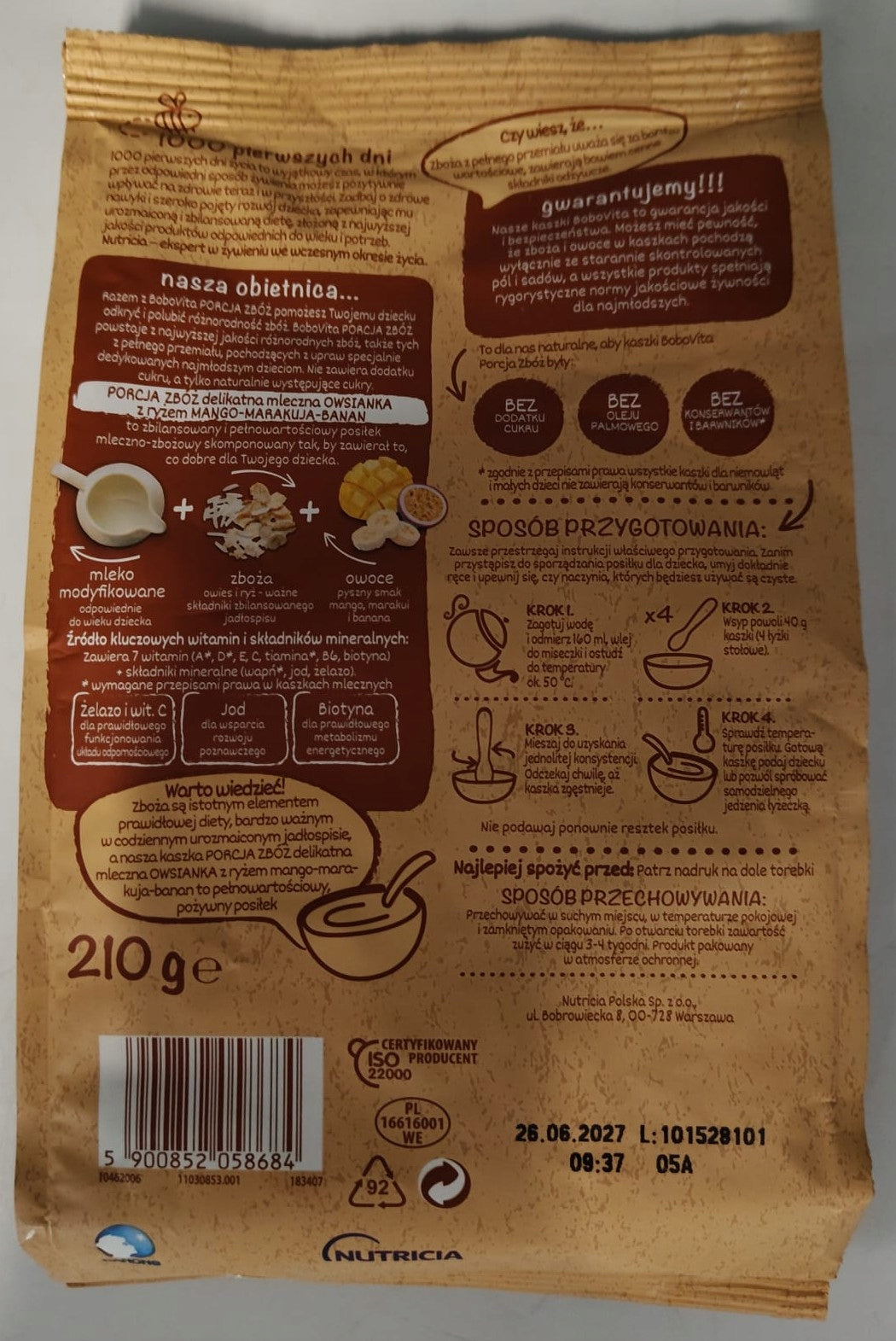 Porridge BoboVita mango milk porridge passion fruit banana 210g Manufacturer code 5900852058684