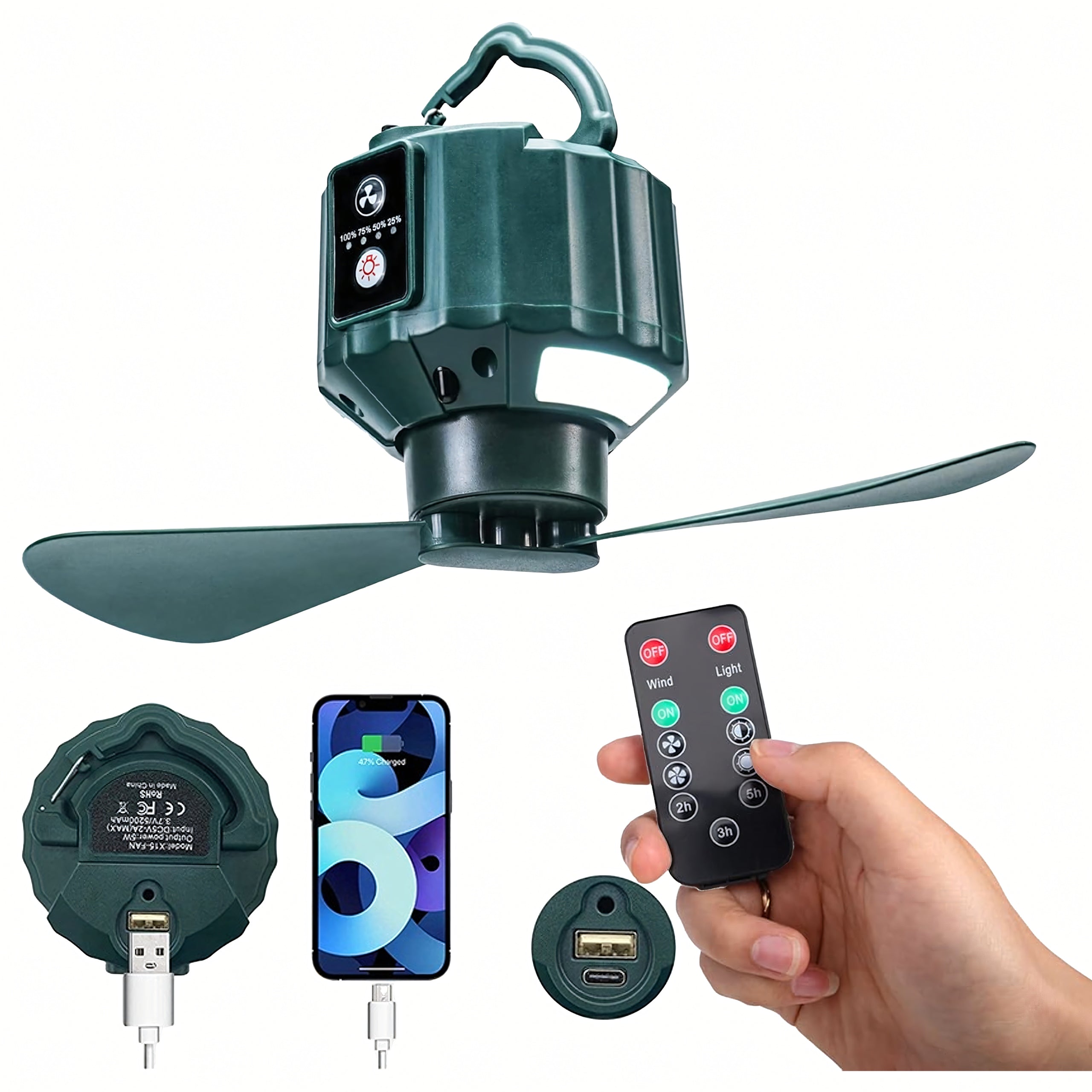 Portable 2in1 Ceiling Fan for Tent Bedroom for Camping Usb 5200 mAh