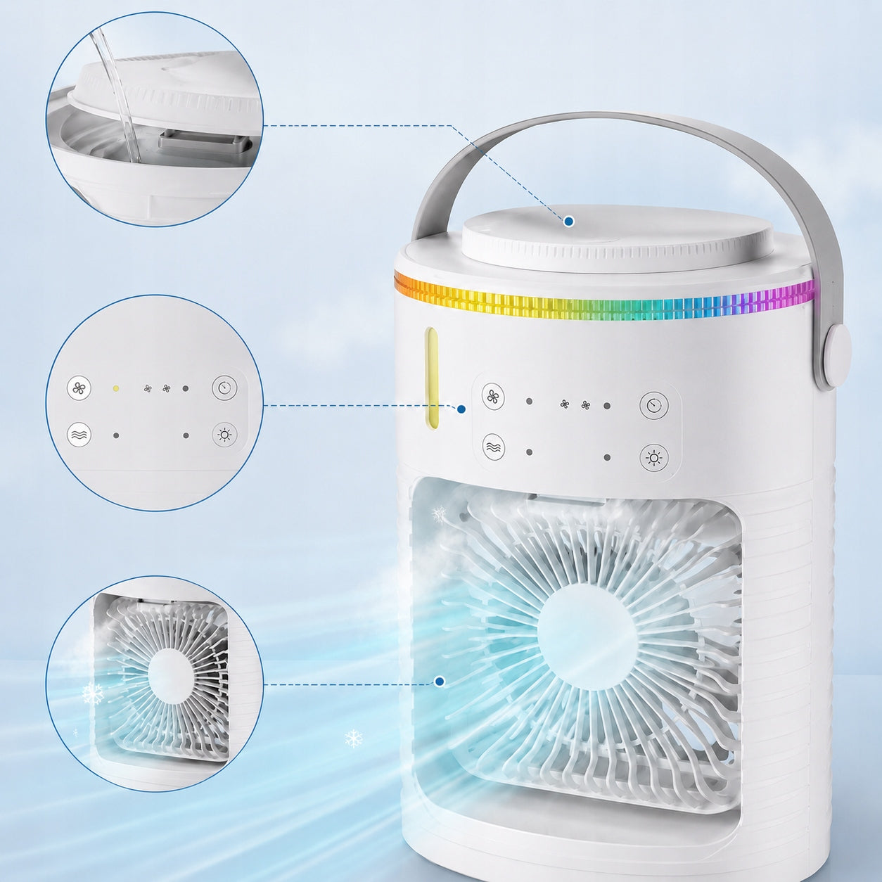 Portable Air Conditioner Fan 600ml USB Humidifier 3 Speeds Quiet AC Power 7 W
