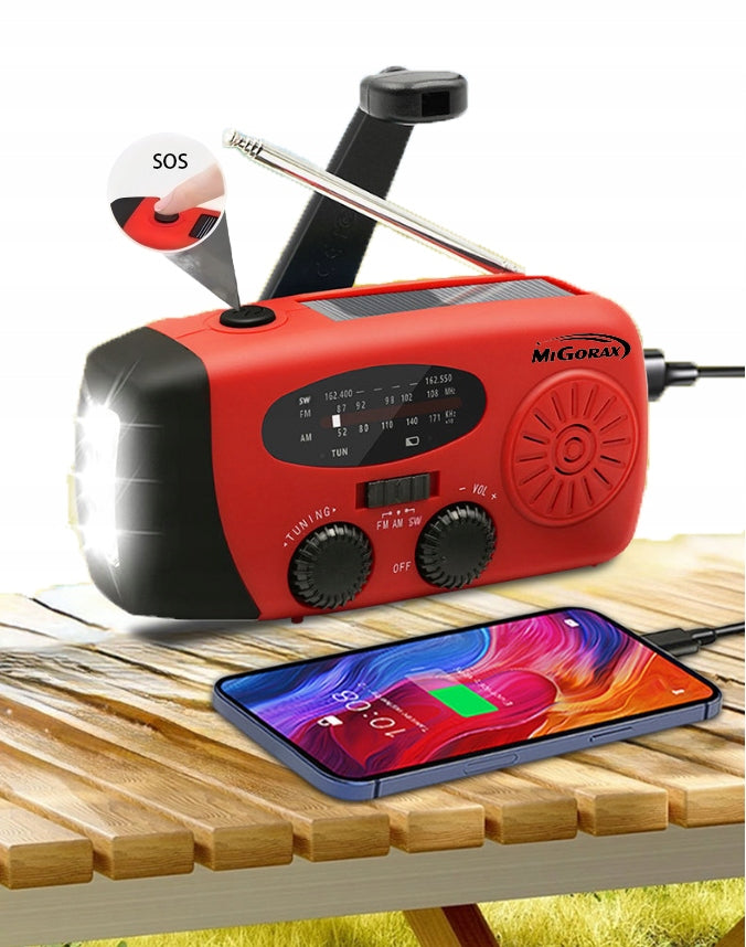 Portable Emergency Radio with Solar Alarm Flashlight Crank Dynamo SOS 3in1