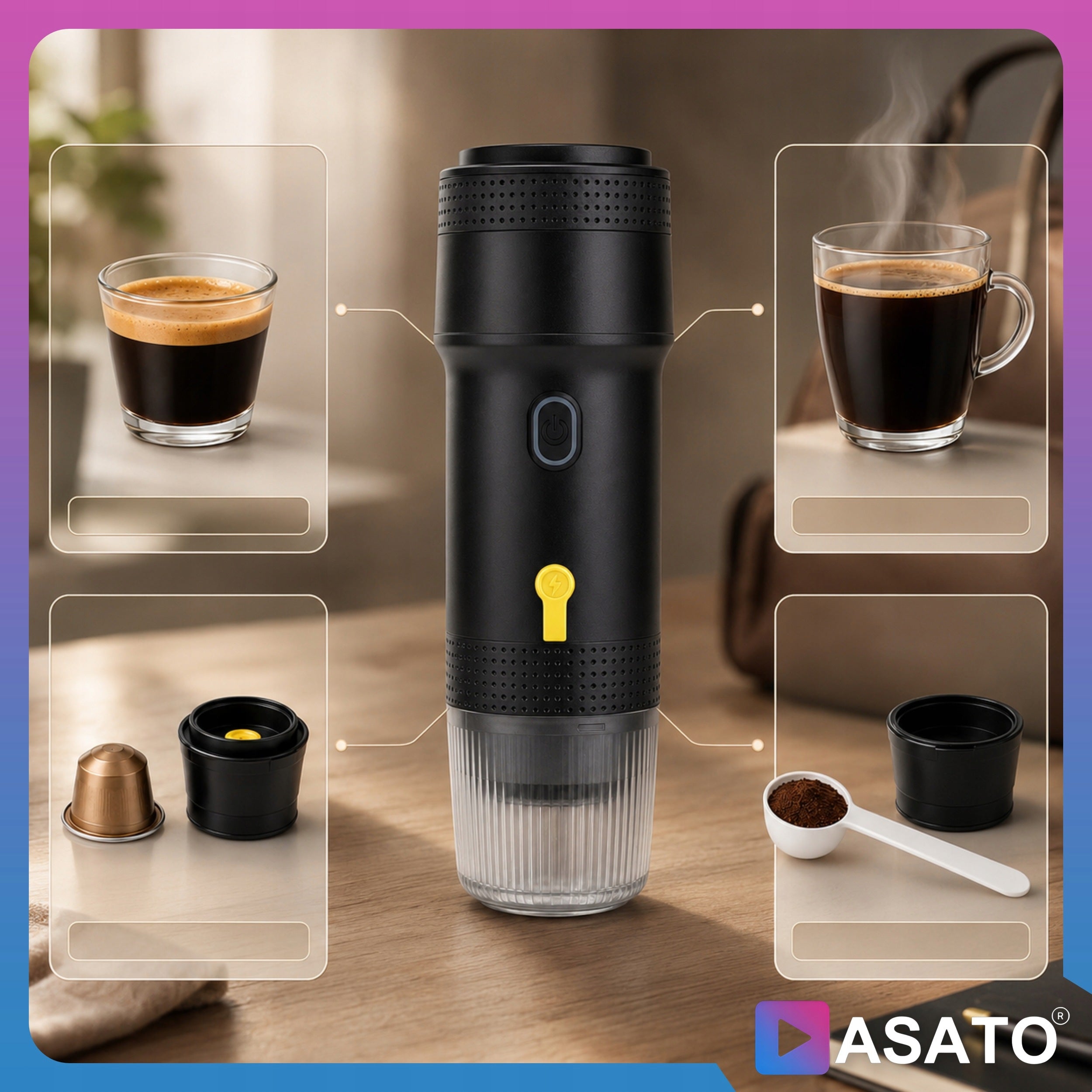 Portable Ground Coffee Maker Tourist Capsules Cordless 3in1 Manufacturer code ASATO-EXP-72W-7500MAH