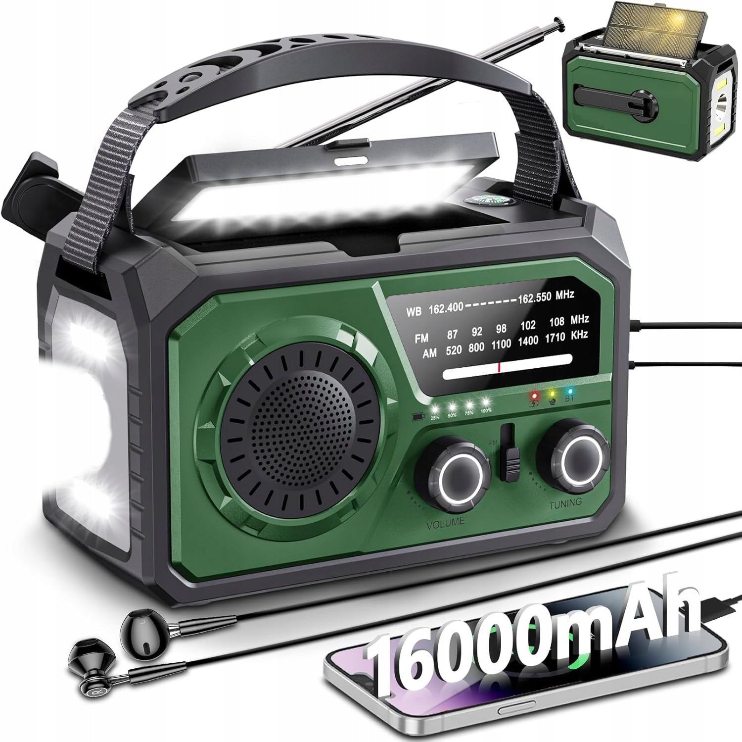 Portable Solar Radio for Crank Emergency Light AlarmSOS 16000mAh Green