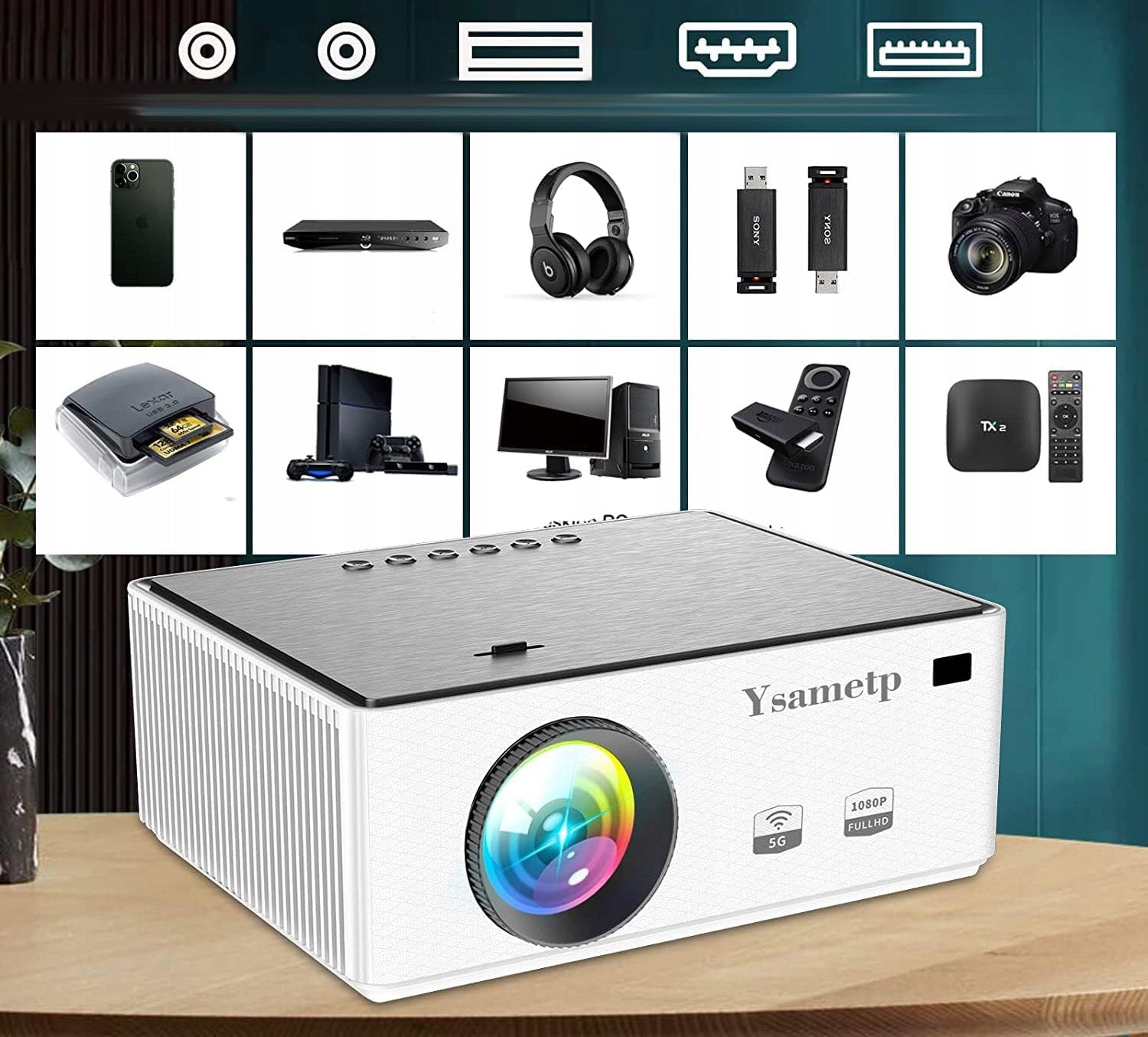 Portable WiFi Projector 2,4 G/5 G, Bluetooth 170 inches, White Packaging status original