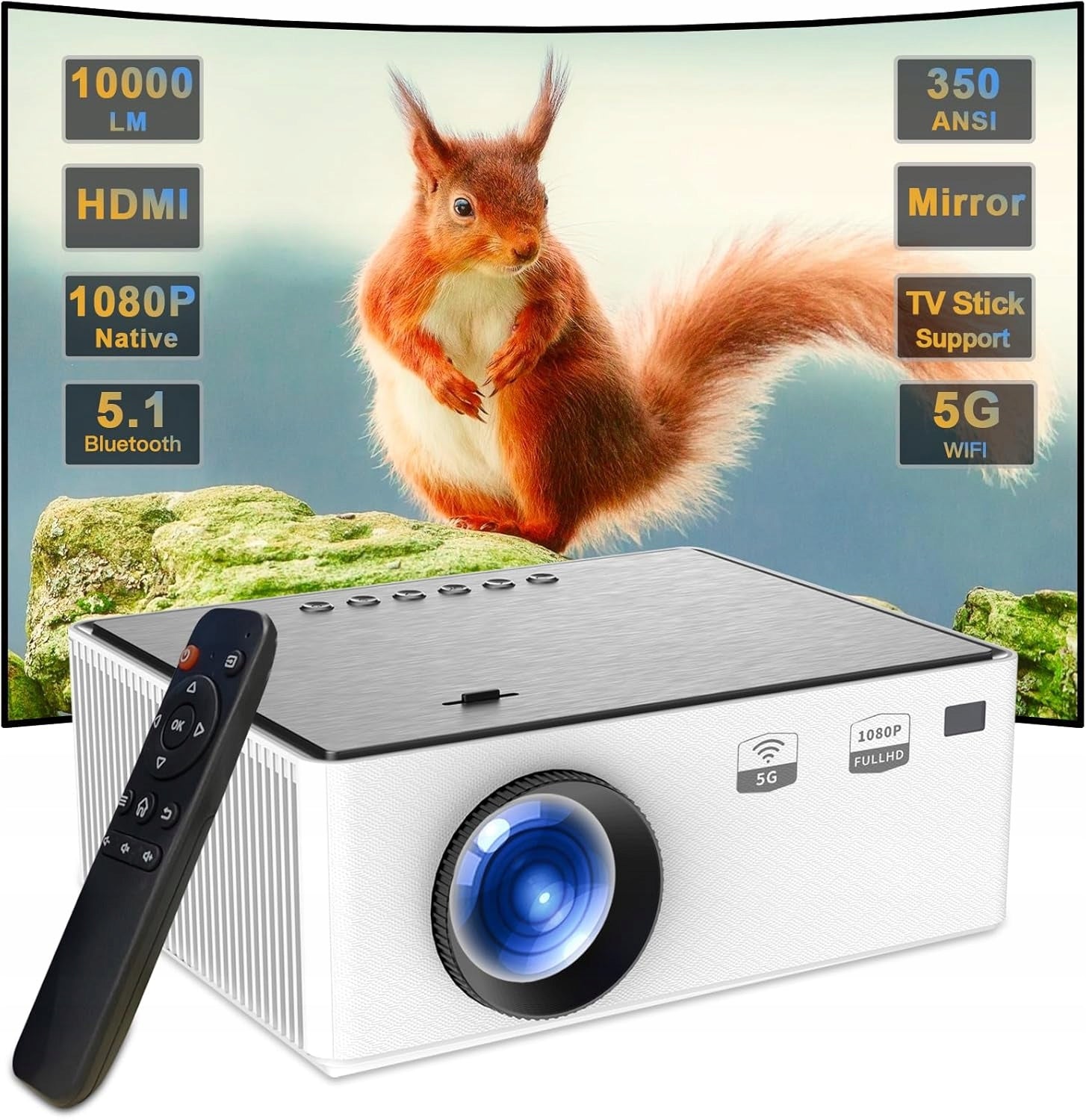 Portable WiFi Projector 2,4 G/5 G, Bluetooth 170 inches, White