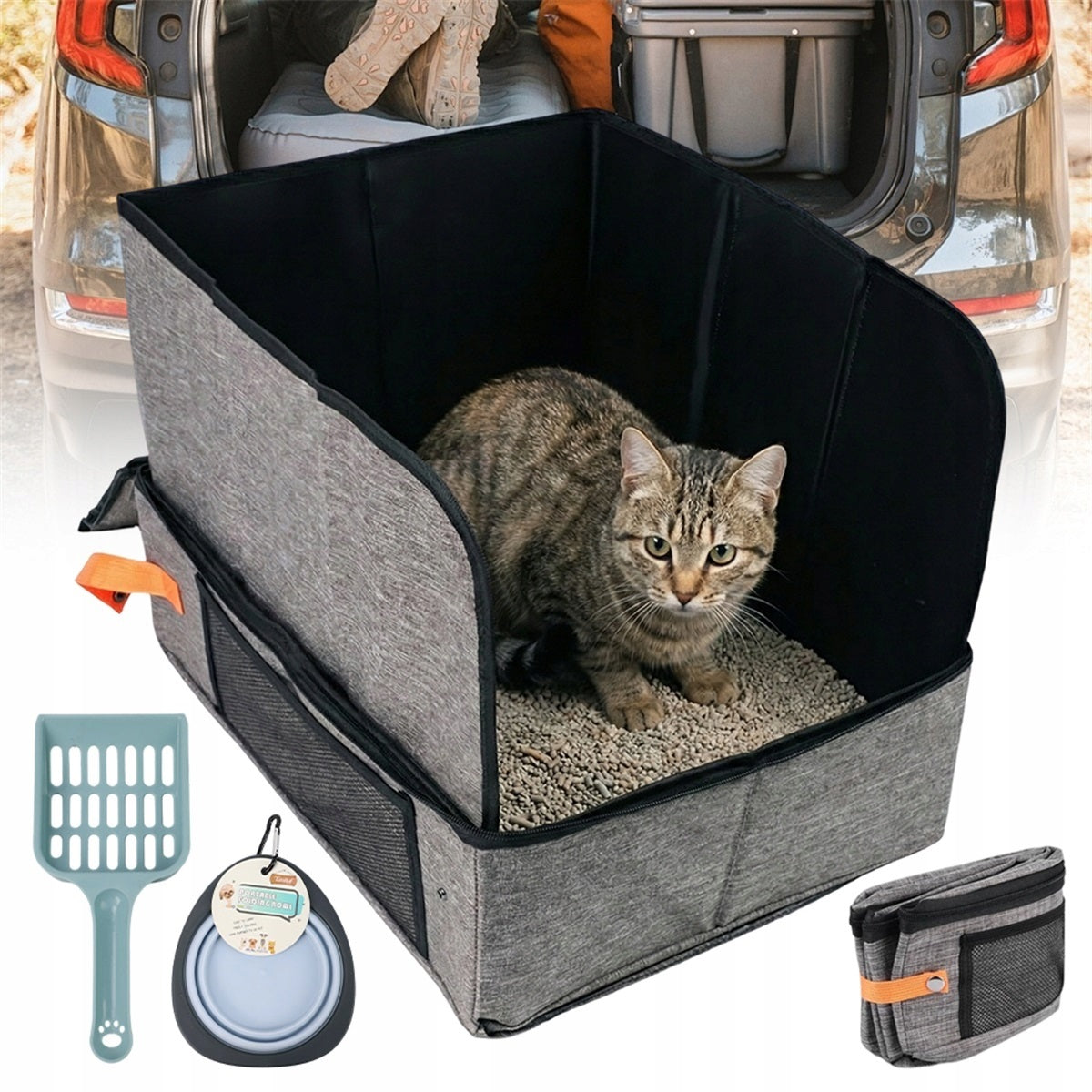 Portable cat litter box with anti-splash partition Model kuweta turystyczna składana