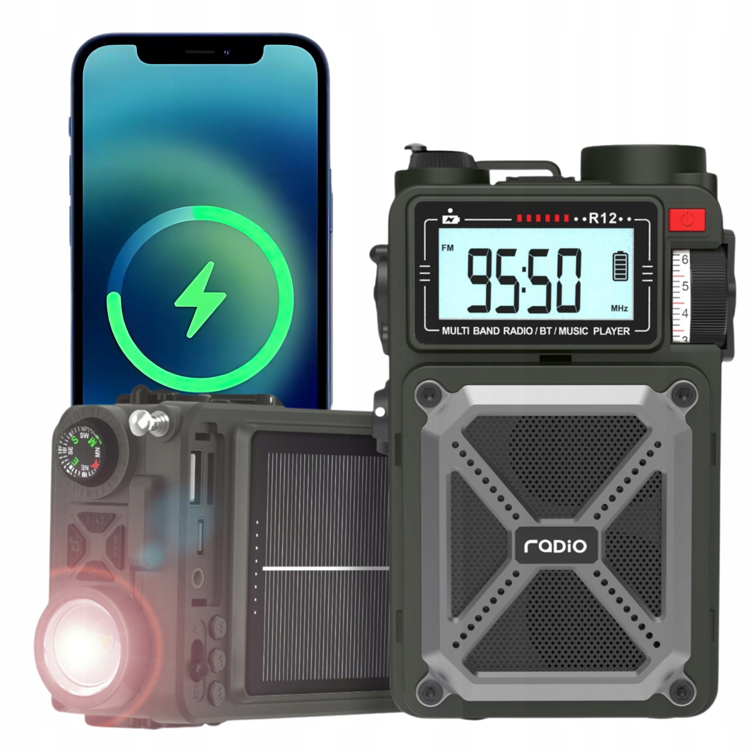 Portable emergency radio JB Tacticals green with SOS and Bluetooth alarm