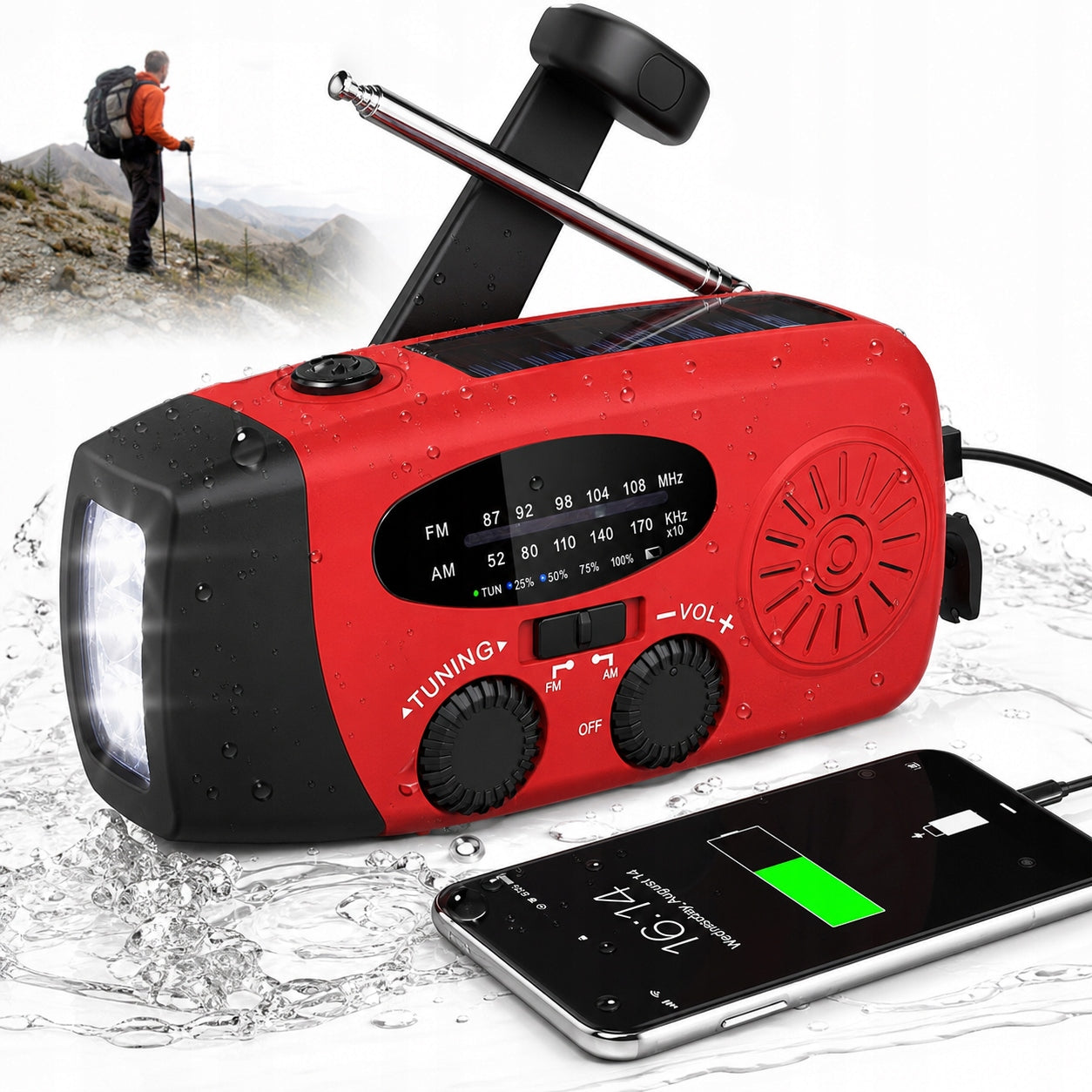 Portable emergency radio with crank and solar SOS powerbank