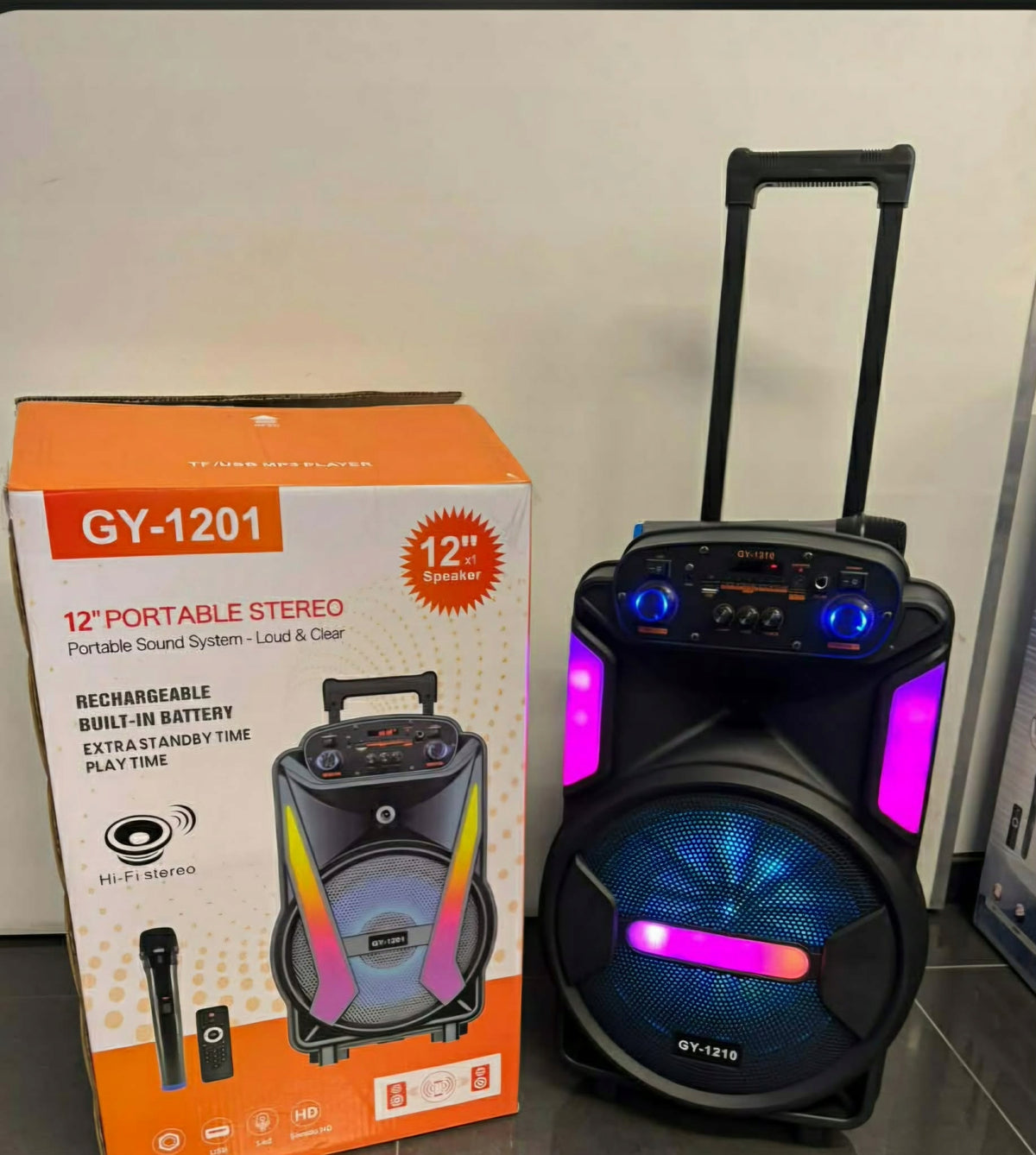 Portable woofer with karaoke microphone – GY-1210 Packaging status original