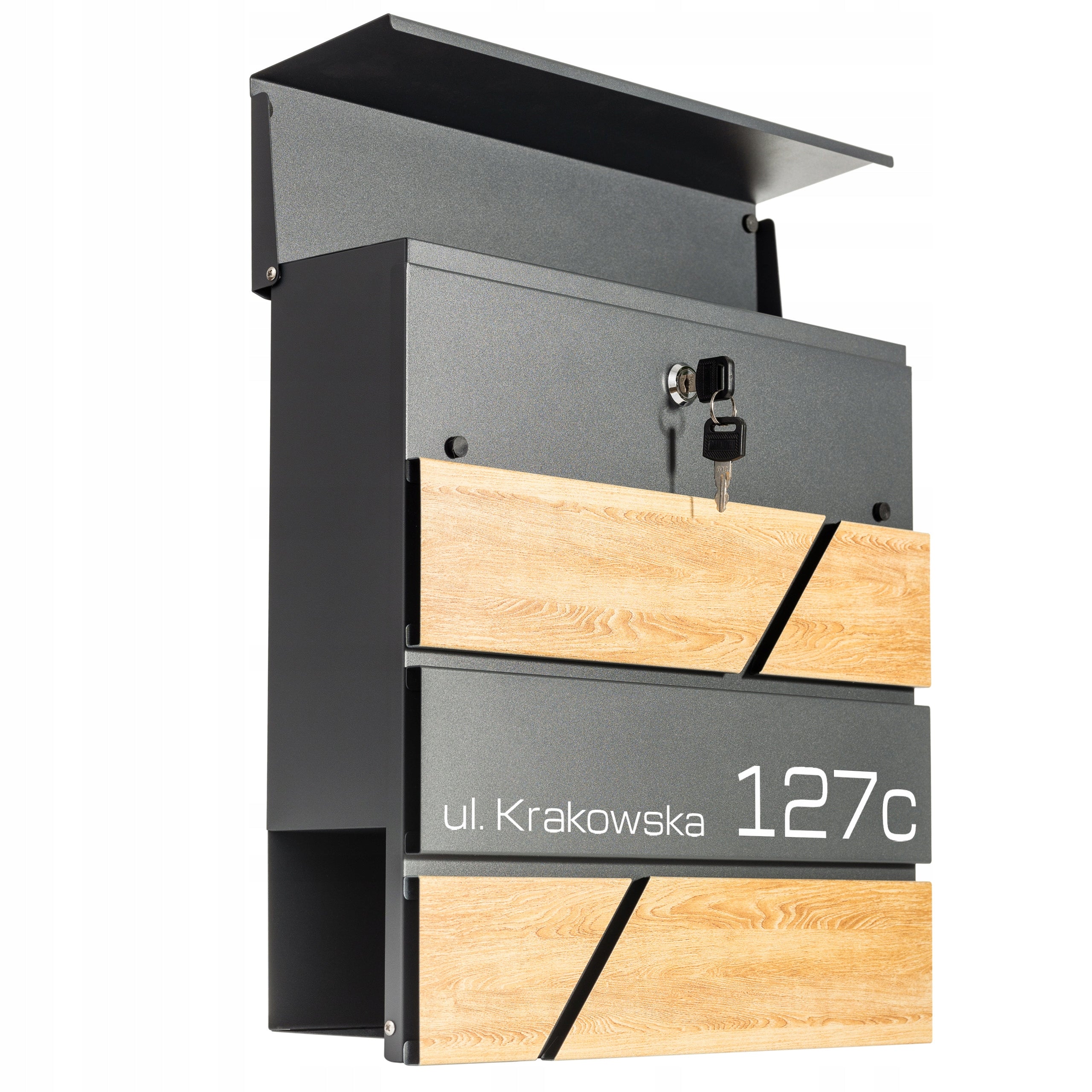 Postal Letterbox with Address Inscription House Number IMITATION WOOD Box type slot with a newspaper holder