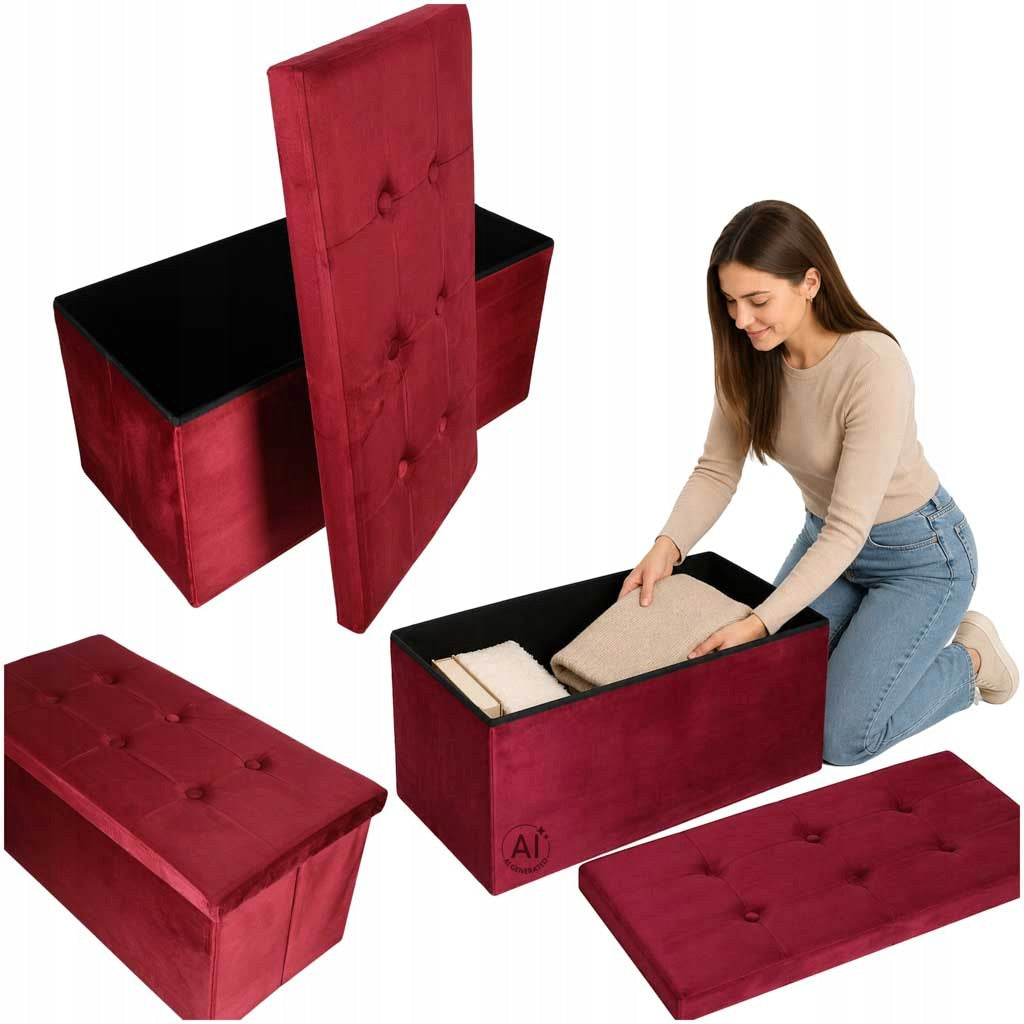 Pouf with storage openable folding velour burgundy quilted 77x38x37 cm