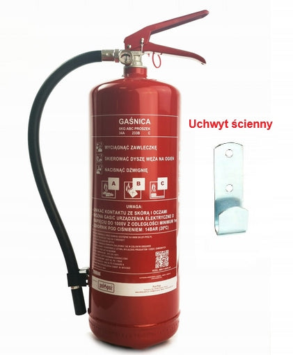 Powder fire extinguisher Gp-6x Abc 6 kg + Handle Mobiak Steel PRODUCTION 2026r Manufacturer code Z WIESZAKIEM Z MANOMETREM