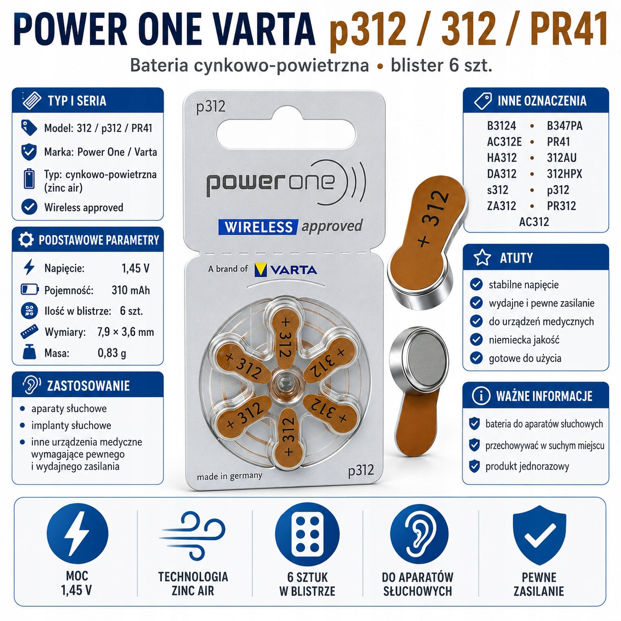 Power One Hearing Aid Batteries Varta p312 / 312 / PR41 - 6 Pieces Medical device yes