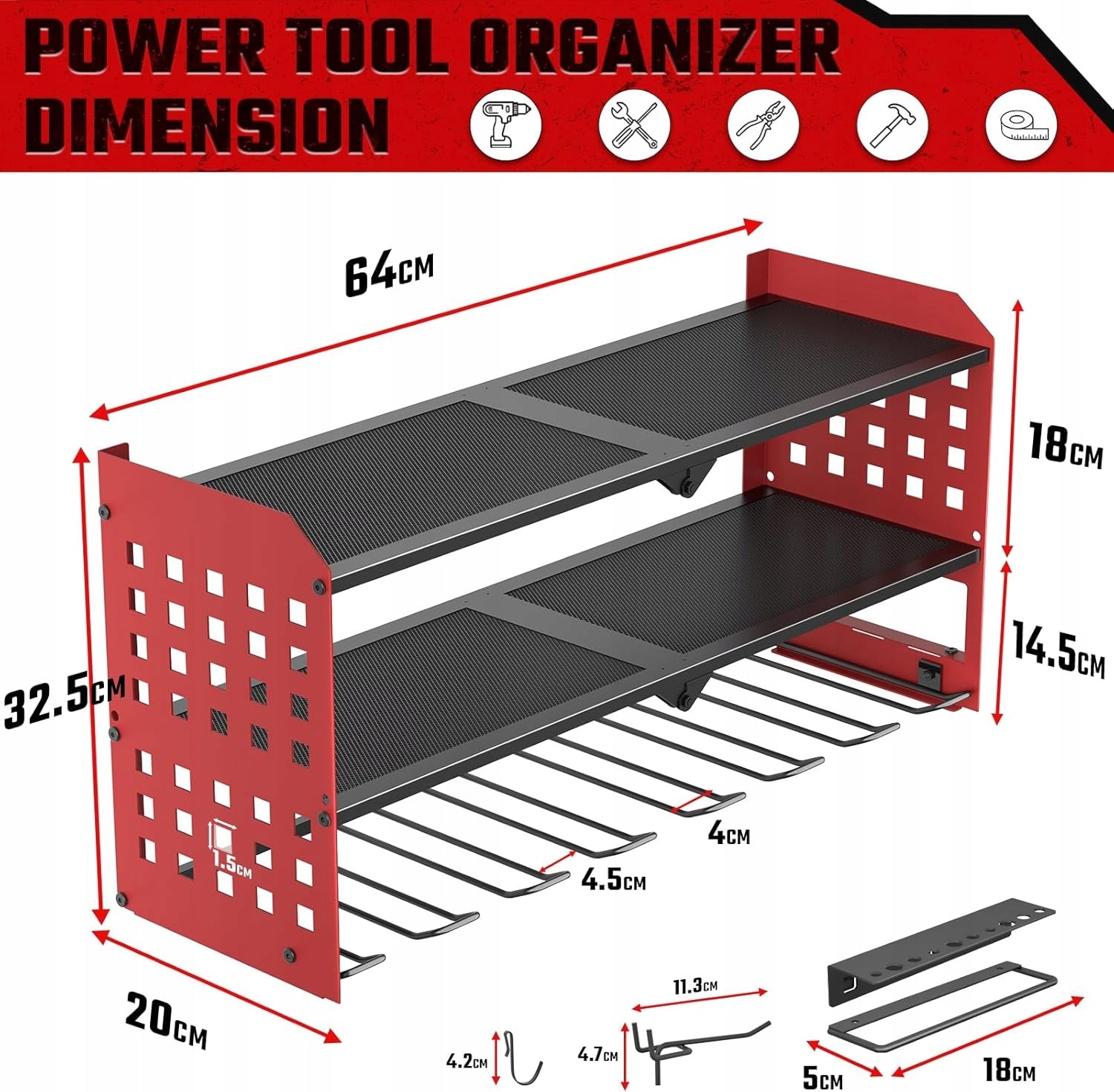 Power Tool Hanger 3 Levels 7 Wall Drills Red Manufacturer code YBT-PTO006RD