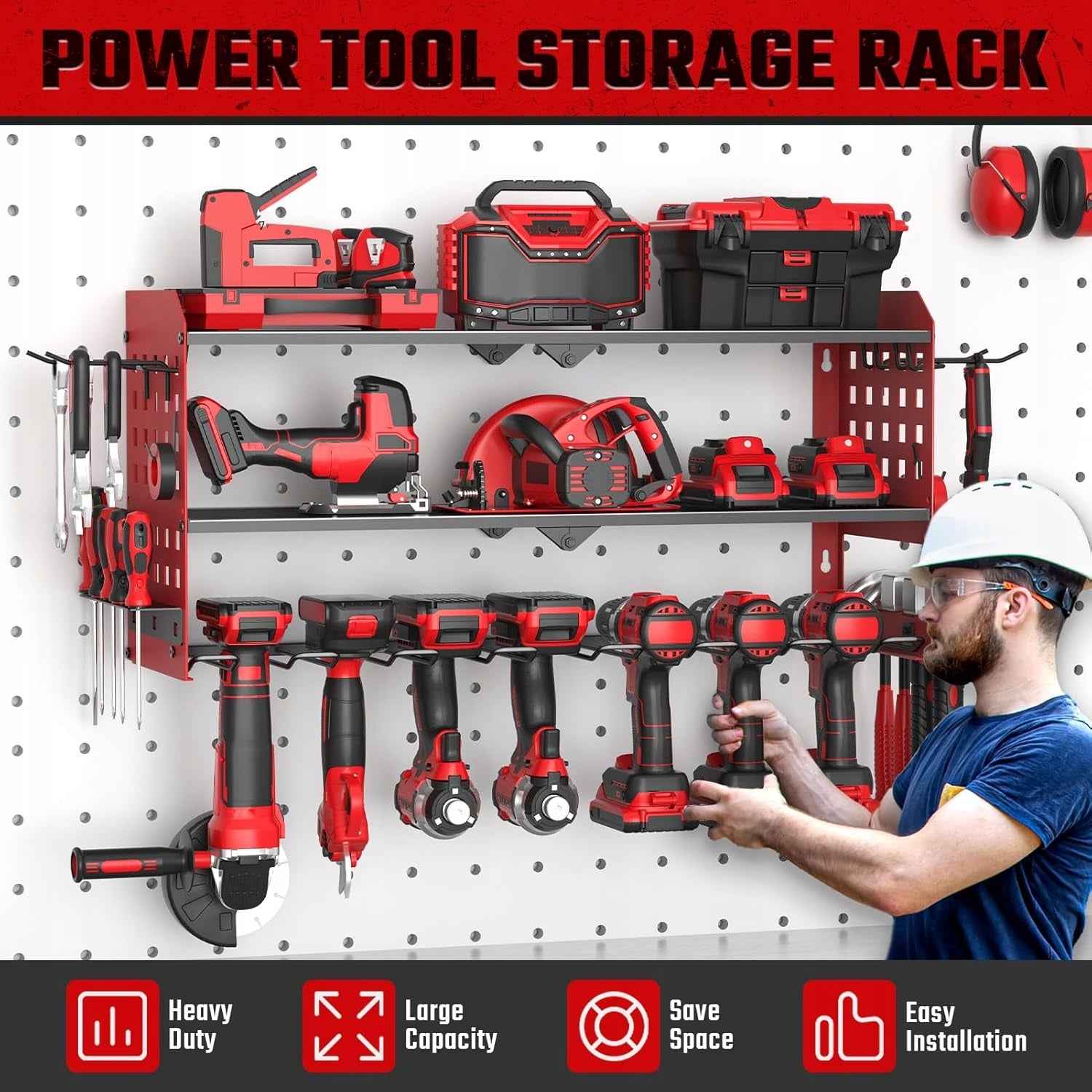 Power Tool Hanger 3 Levels 7 Wall Drills Red Product height 32 cm