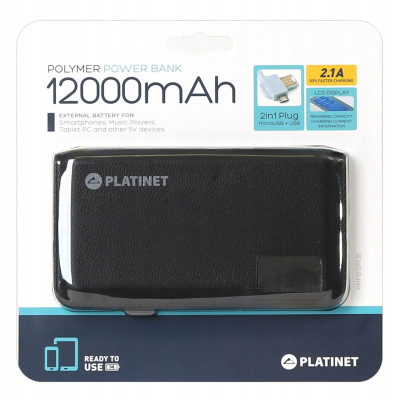 Universeller tragbarer Akku Platinet (PMPB12PLB) 12000 mAh, LCD + 2 x USB, 5V/2,1A, schwarzes Lederfinish