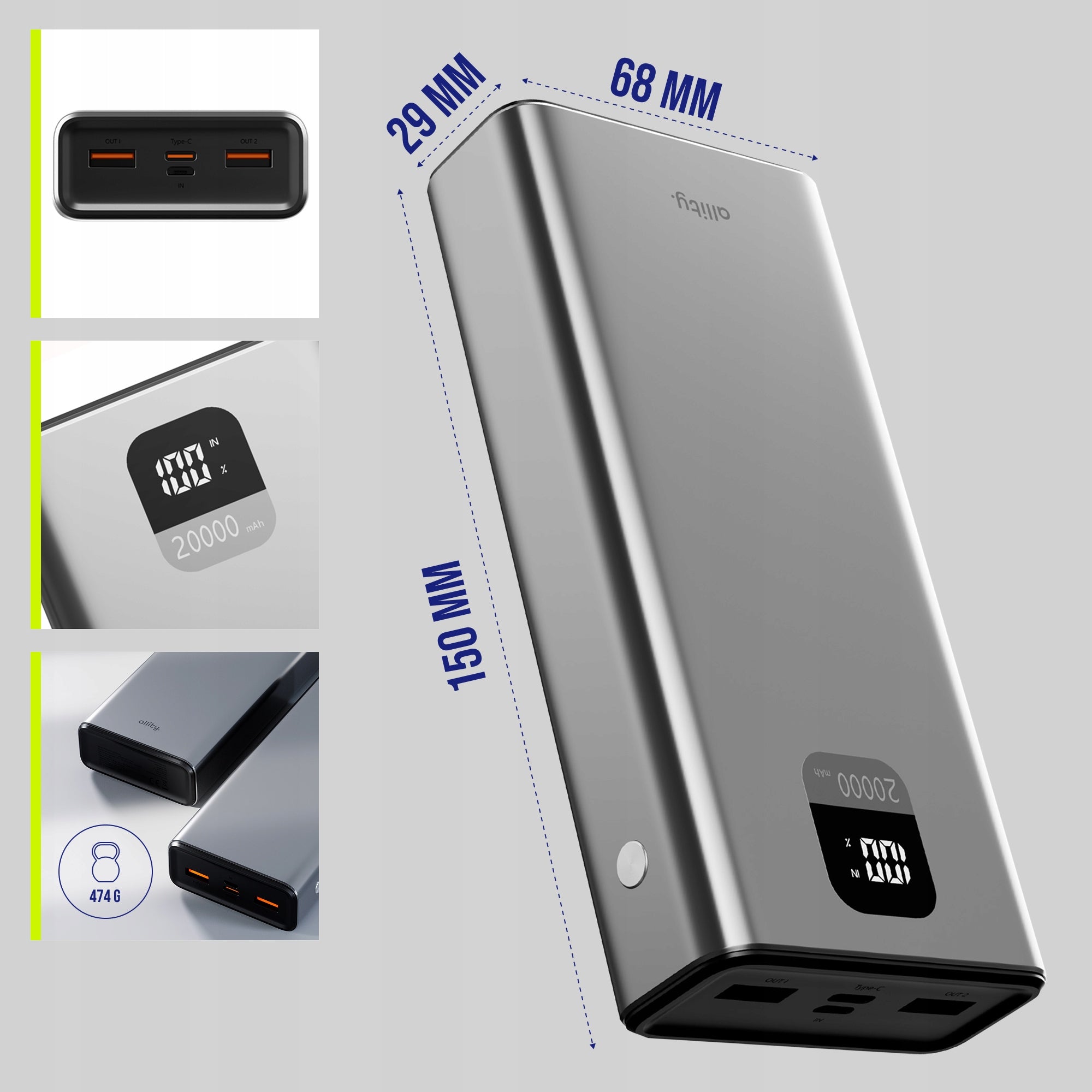 Powerbank Power bank 22,5W 20000mAh ALUMINUM USB-C 2x USB-A Fast +CABLE Manufacturer code GSM187743