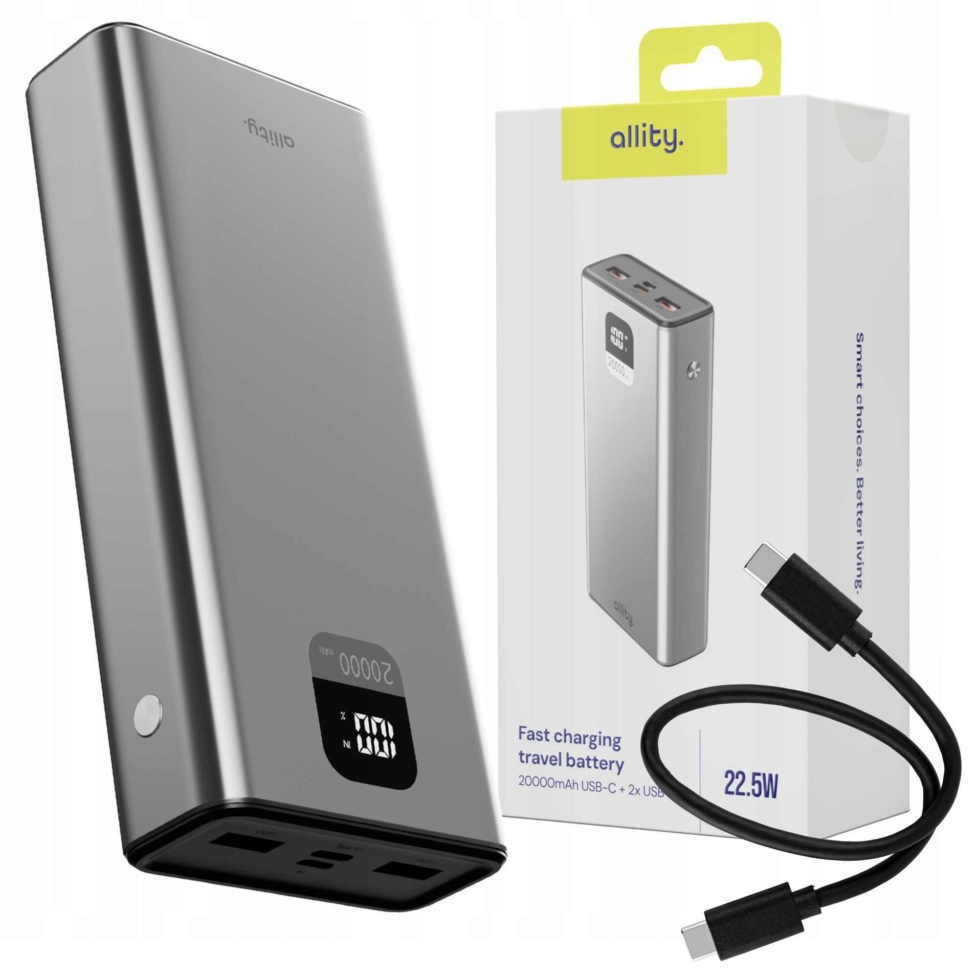 Powerbank Power bank 22,5W 20000mAh ALUMINUM USB-C 2x USB-A Fast +CABLE
