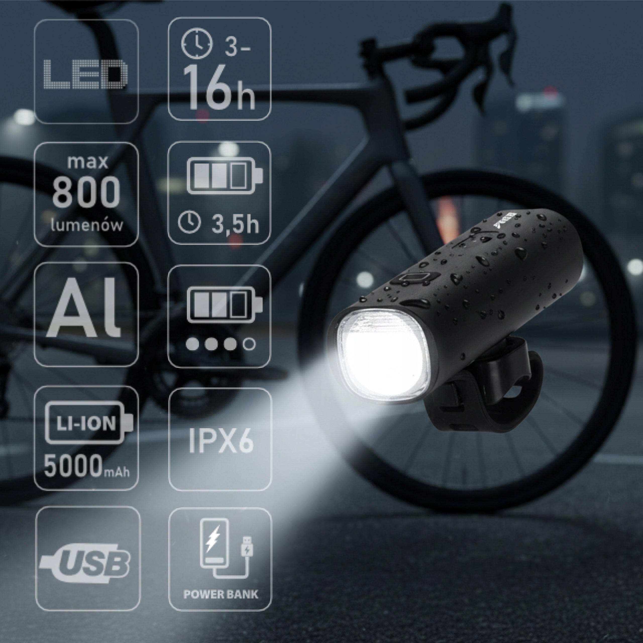 Powerful Bicycle Front Light 800lm LED PowerBank Light 5000mAh DEDRA Packaging status original