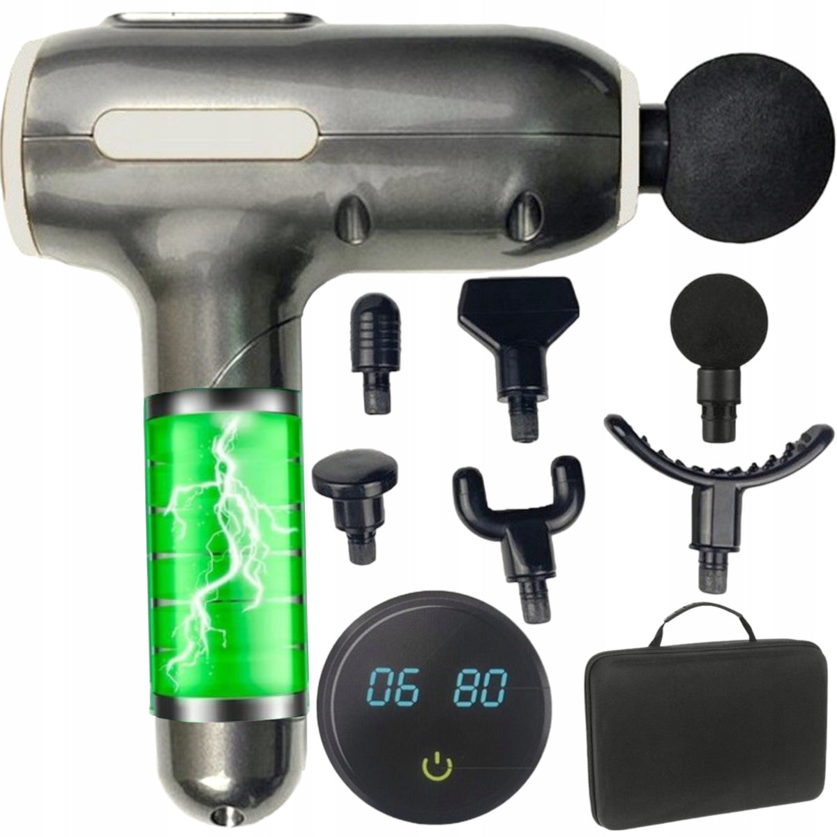 Powerful Hand Massager Massage Gun Set of 7 Pro Tips Color silver