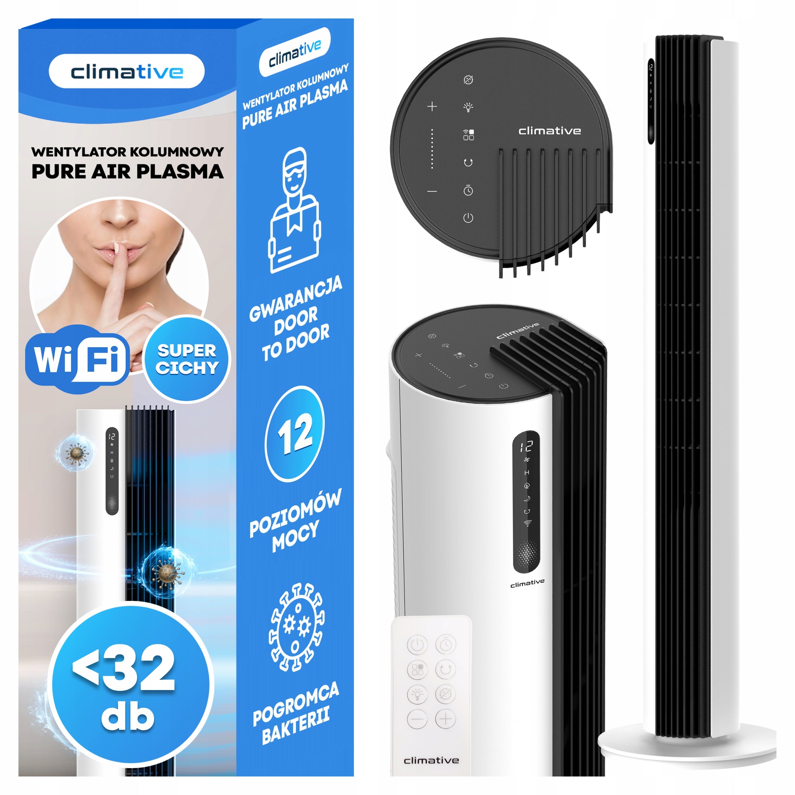 Powerful Quiet WIFI Column Fan 12 Levels Pure Plasma Ionization XXL