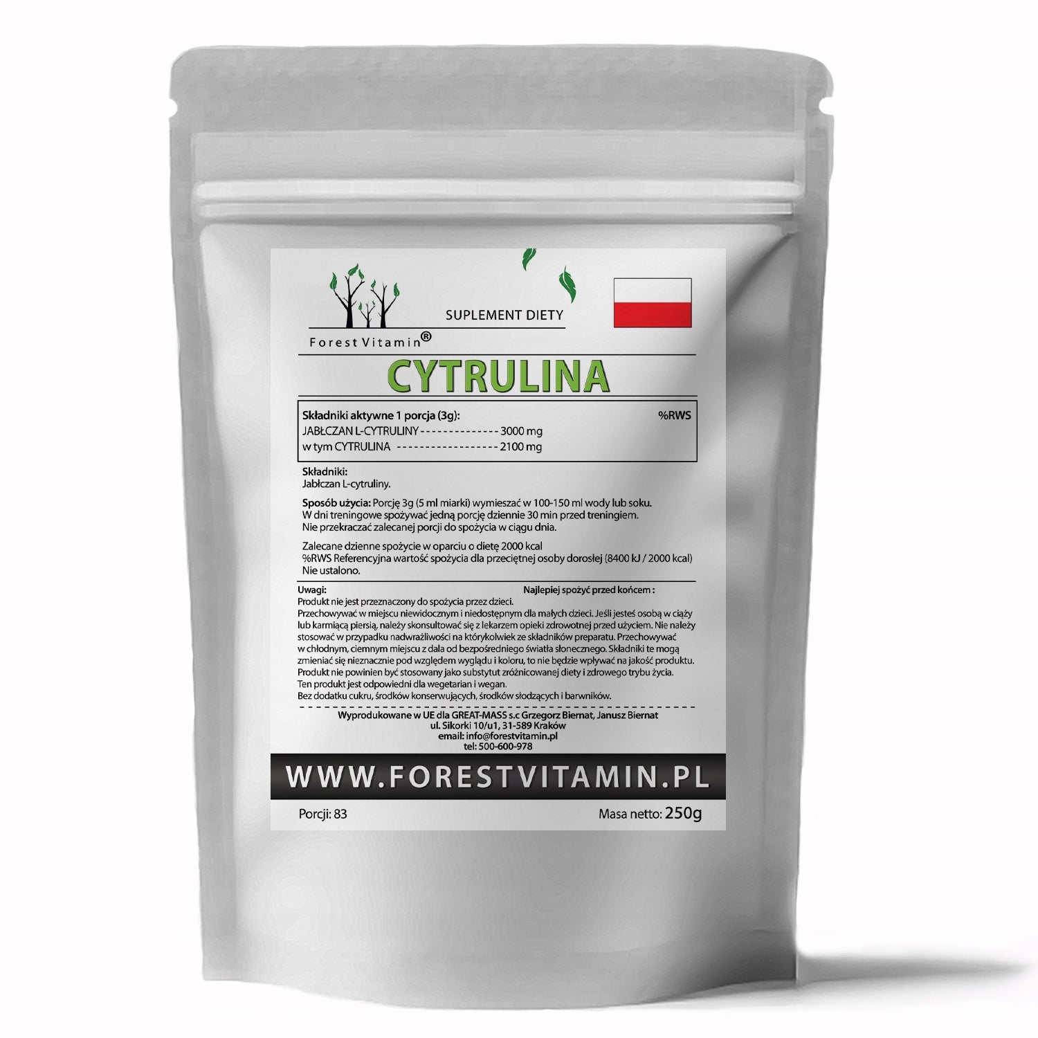 Pre-workout supplement CITRULLINE Citrulline Malate Forest Vitamin 250 g Expiration date not specified