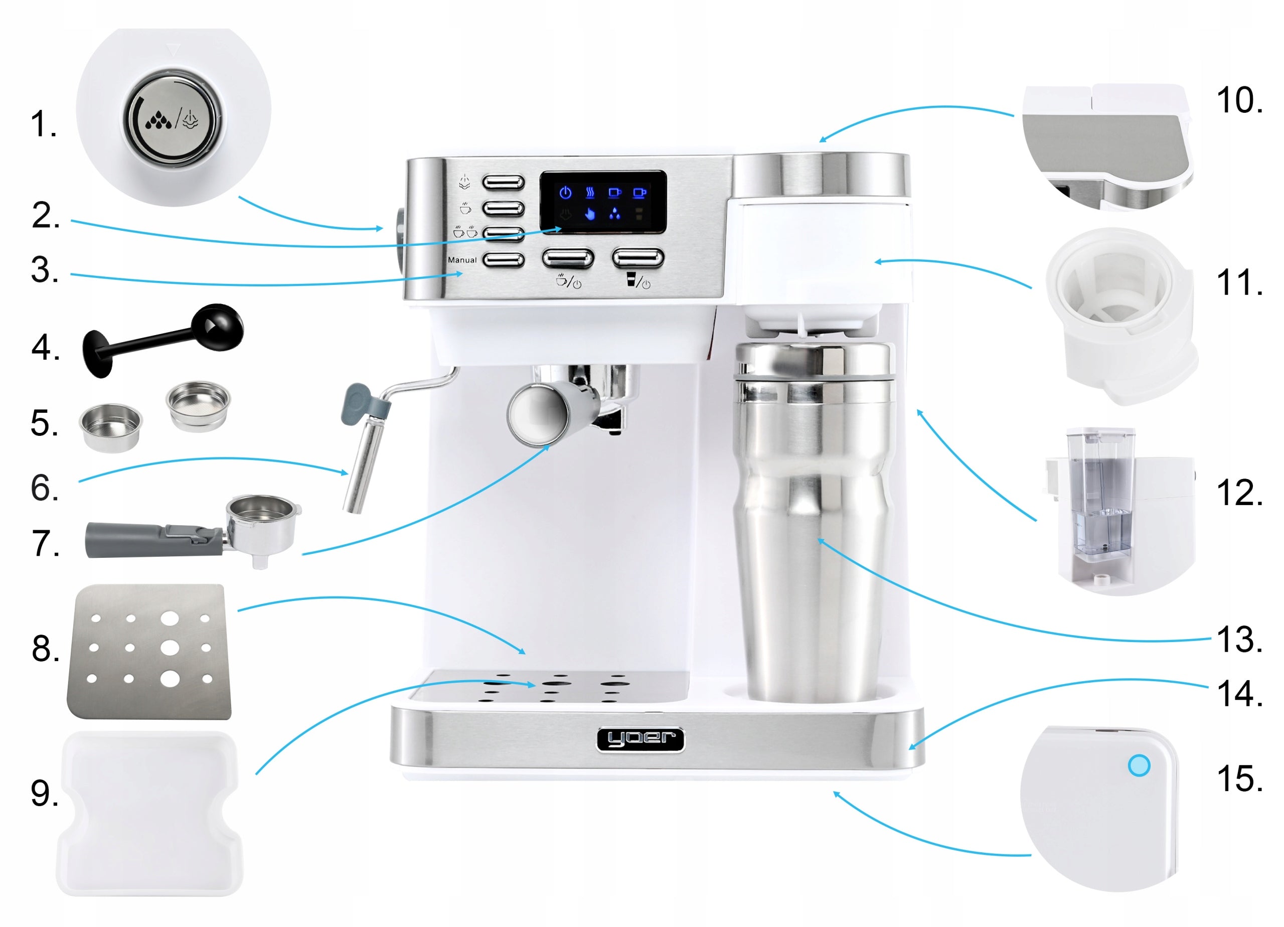 Pressure Overflow Coffee Maker Yoer 10kaw +Cup +Milk frother Manufacturer code CCM03W