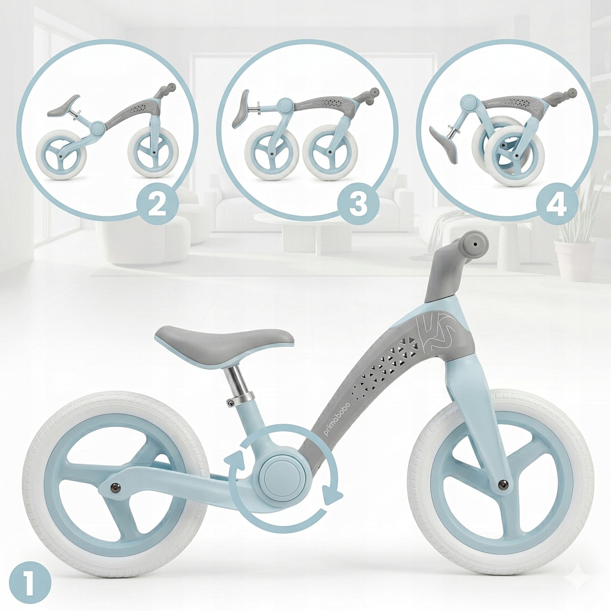 Primabobo Folding balance bike NEO 2+ years LED adjustable GREY + TURQUOISE Packaging status original